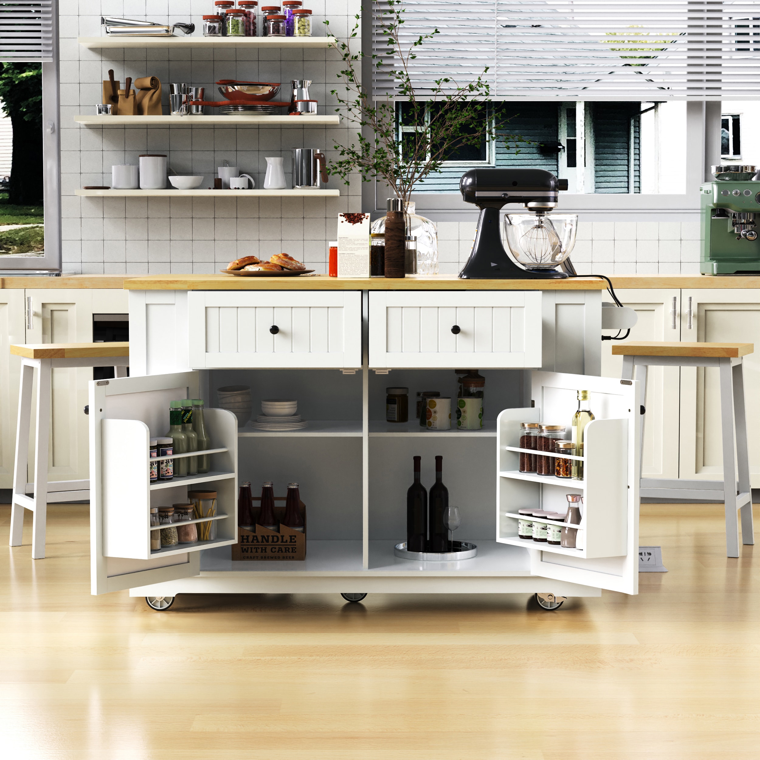 ModernLuxe N707S000015W 48inch Large Kitchen Island with 2 Bar Stools Power Outlet Door Internal Storage Rack Kitchen Storage Cart on 5 Wheels with Drop Leaf 5 Open Side Racks 2 Drawersfor KitchenDining RoomWhite