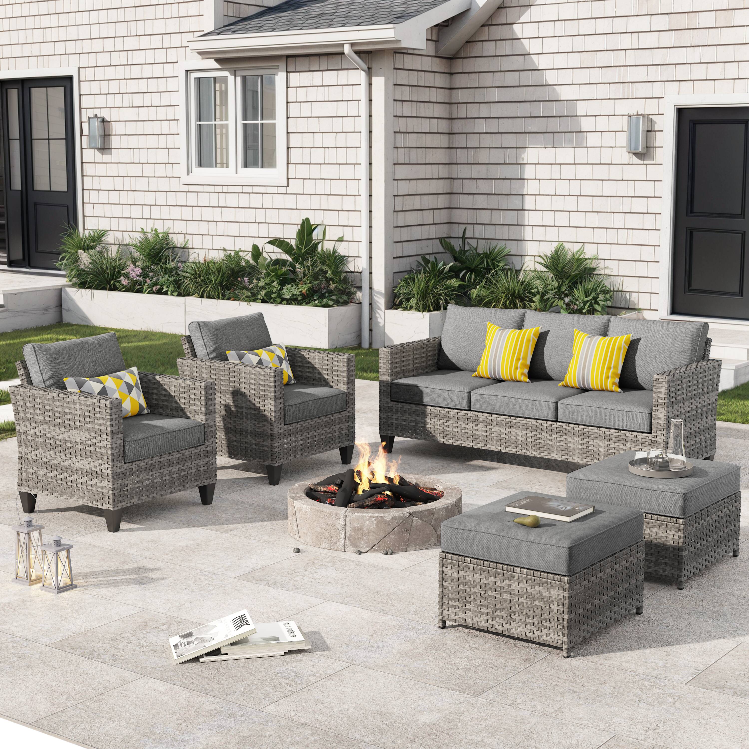 Pouuin SGR205 5 -Piece Wicker Patio Sofa Conversation Set with Dark Gray Cushions
