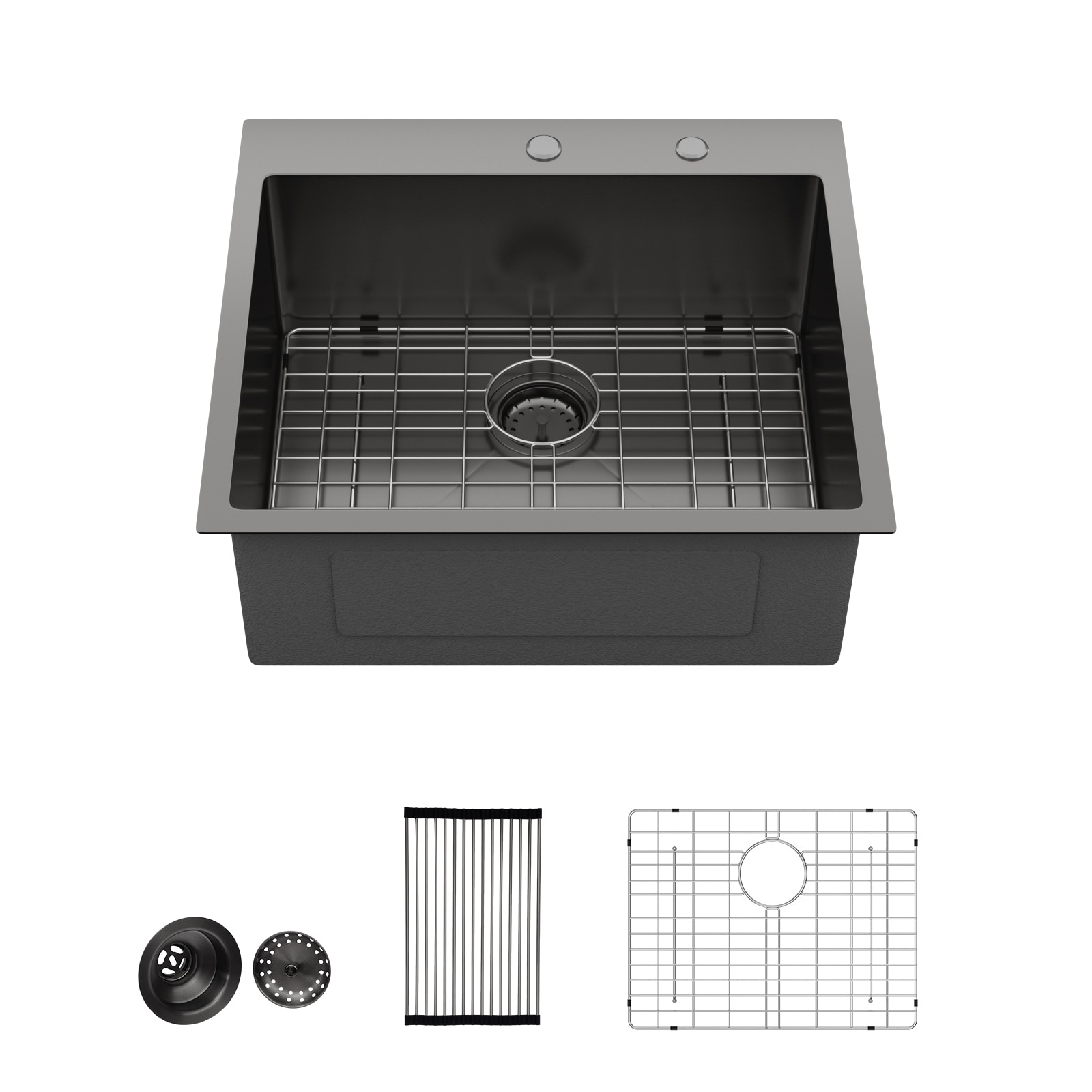 KICHAE Drop-in 28-in x 22-in 16 Gauge Stainless Steel Single Bowl Kitchen Sink in Gunmetal Black with Bottom Grid and Drain Strainer #LKSTTS28221B