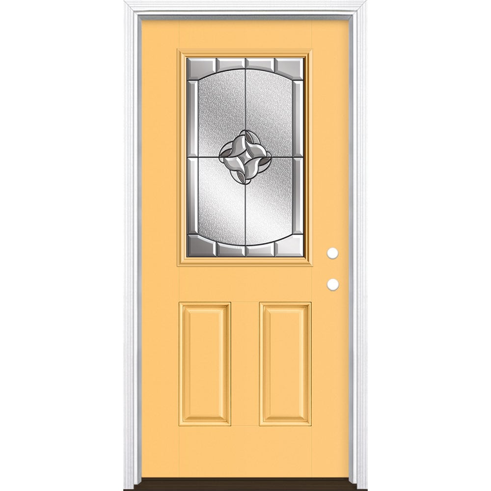 Masonite 3423137 Rozet 36-in x 80-in x 4-9/16-in Fiberglass Half lite Left-hand inswing Cabana Yellow Painted Prehung Single door Front Door with Brickmould Insulating core Decorative glass