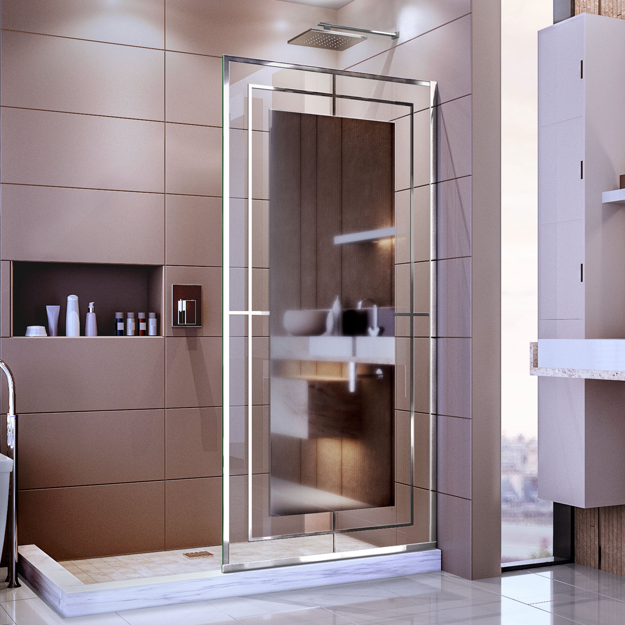 DreamLine D3234721M12-08 Platinum Linea Mira Polished Stainless Steel 34-in W x 72-in H Frameless Fixed Shower door 3/8-in Thick Patterned Glass