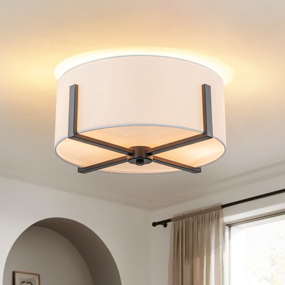 Wonderindoor 16.93-in Matte Black Indoor 2 -Light Flush Mount Light with Fabric Shade