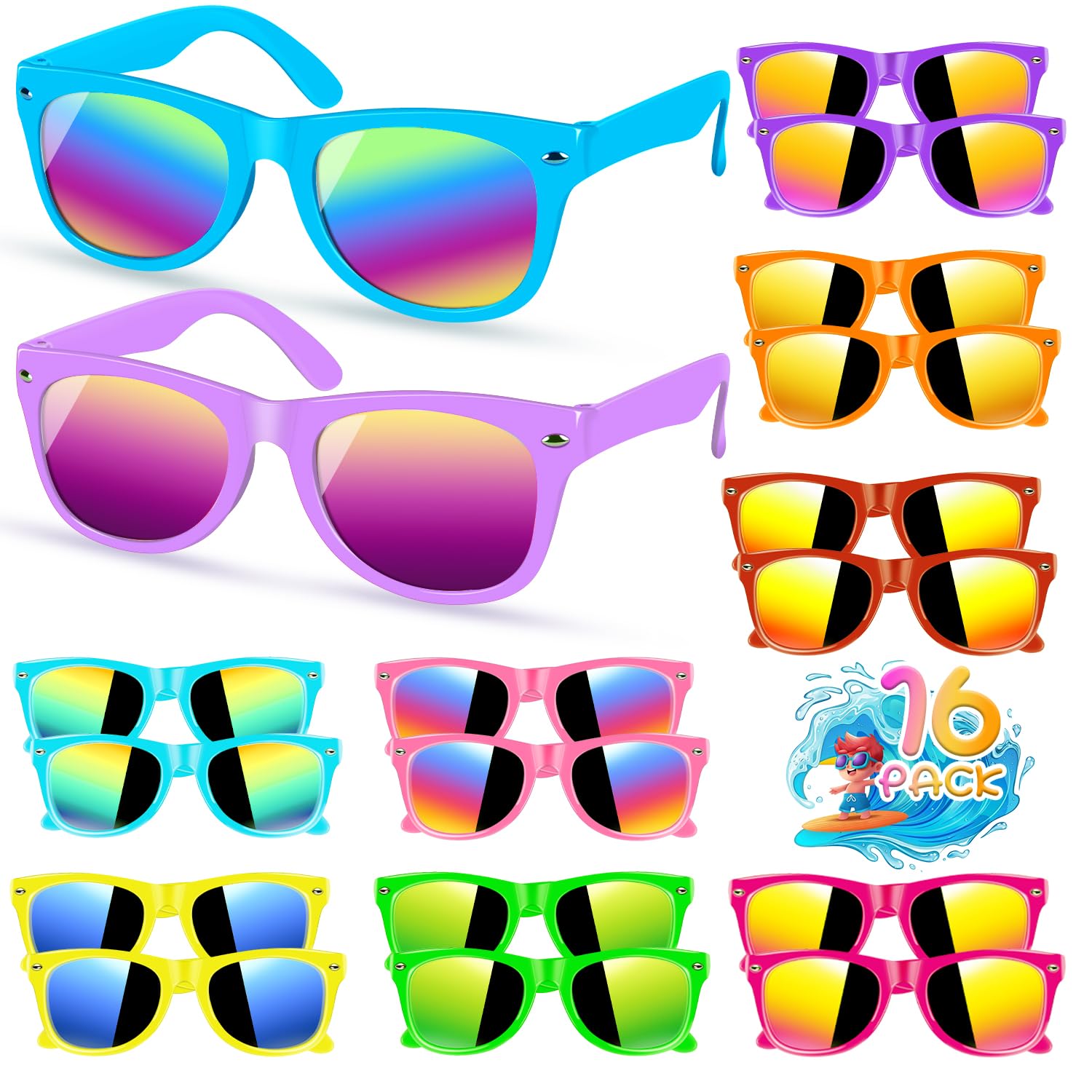 Afoxsos 16 Pairs Kids Sunglasses Bulk Neon Color UV400 Protection 5 Inch Frame for Boys Girls Age 3 to 8 Party Favor Outdoor Pool Beach
