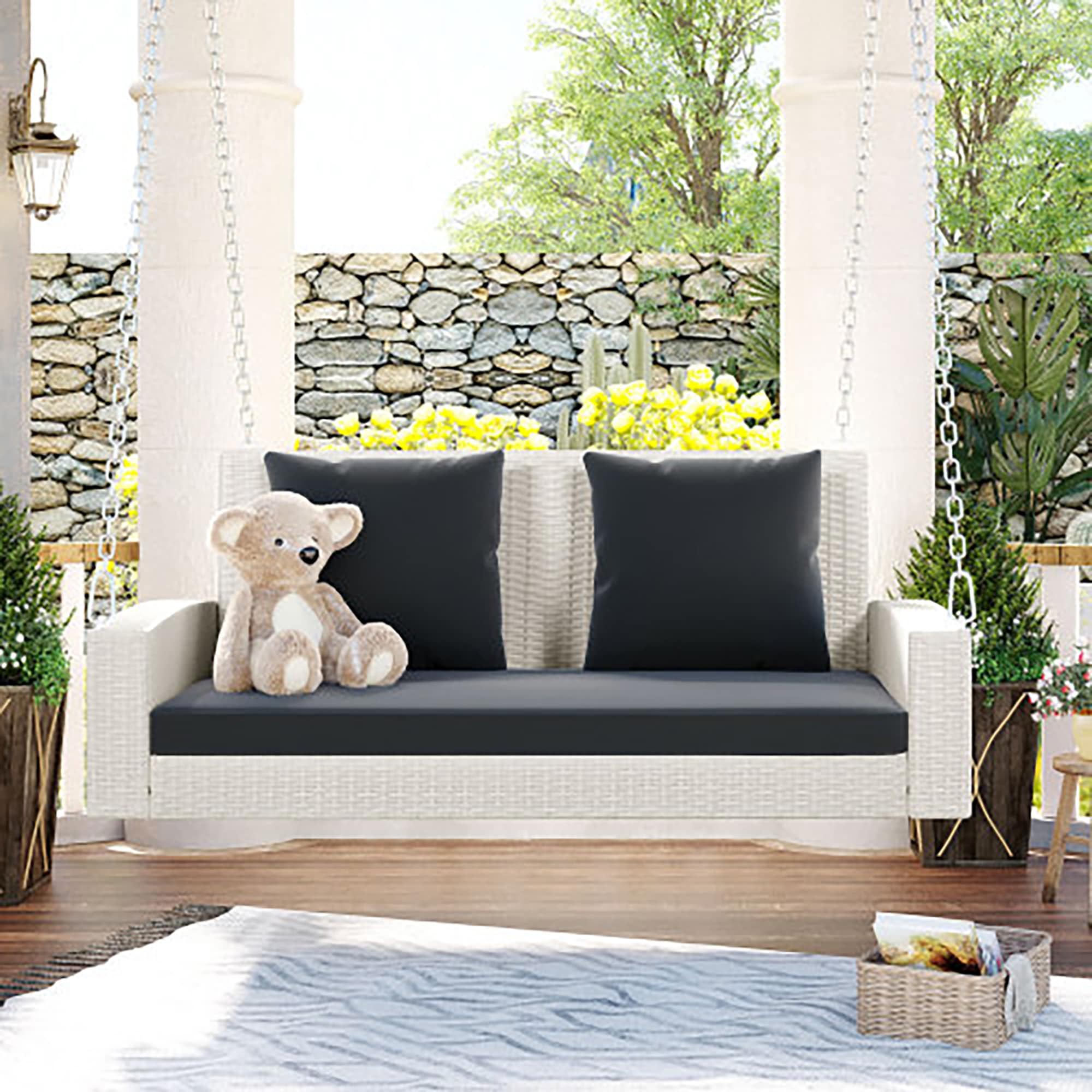CASAINC WF-SM-B4-WT 2-Person Wicker Hanging Porch Rattan Swing Bench 2 -person White Outdoor Swing