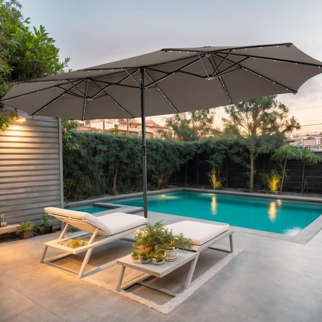 bed bath and beyond umbrella patio Maison Arts 15ft Patio Umbrella Double-Sided Outdoor Extra Large Crank Lift Umbrella with Solar Led Lights and Base Included Navy Blue