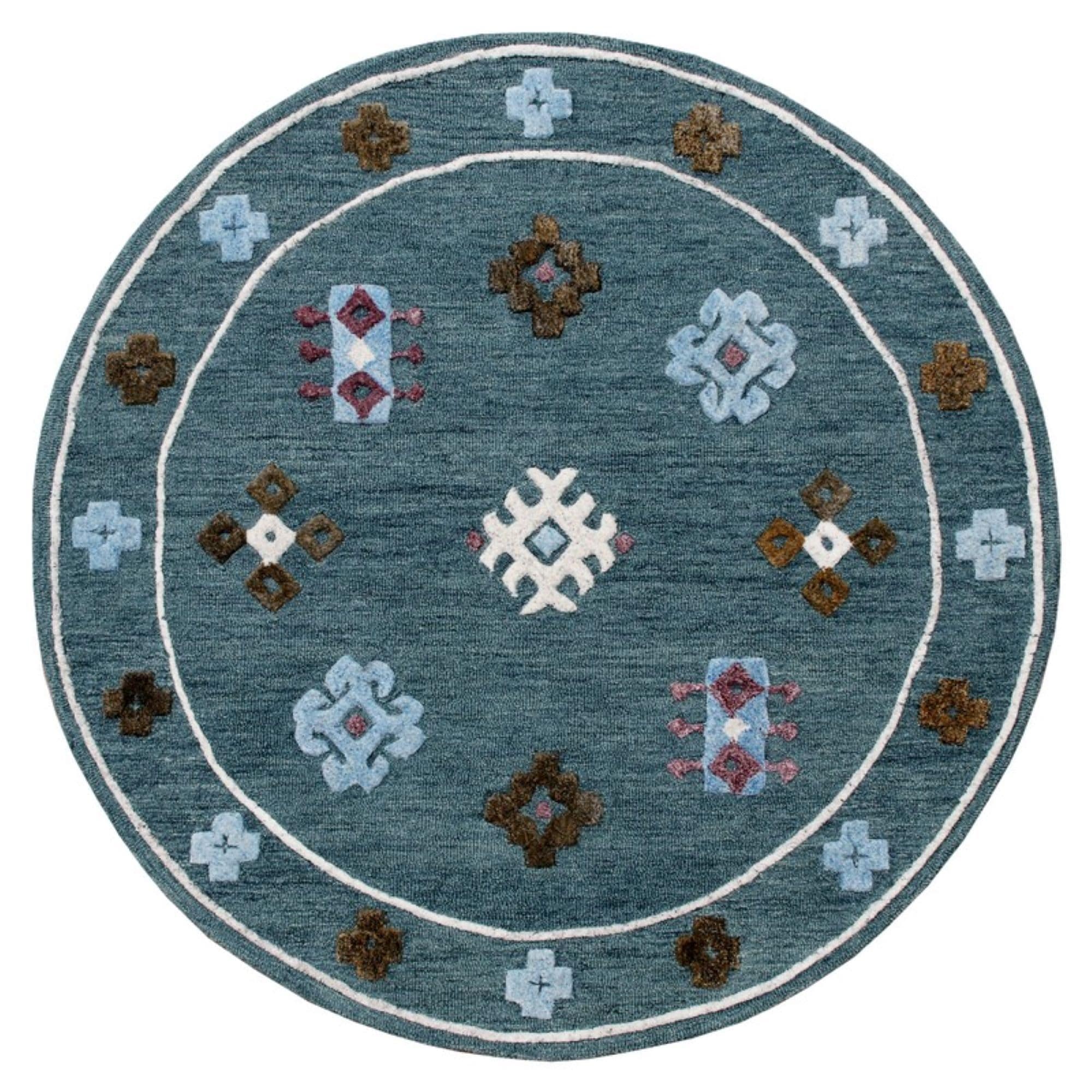 Handmade Geometric Blue Wool Round Area Rug, 5' Diameter
