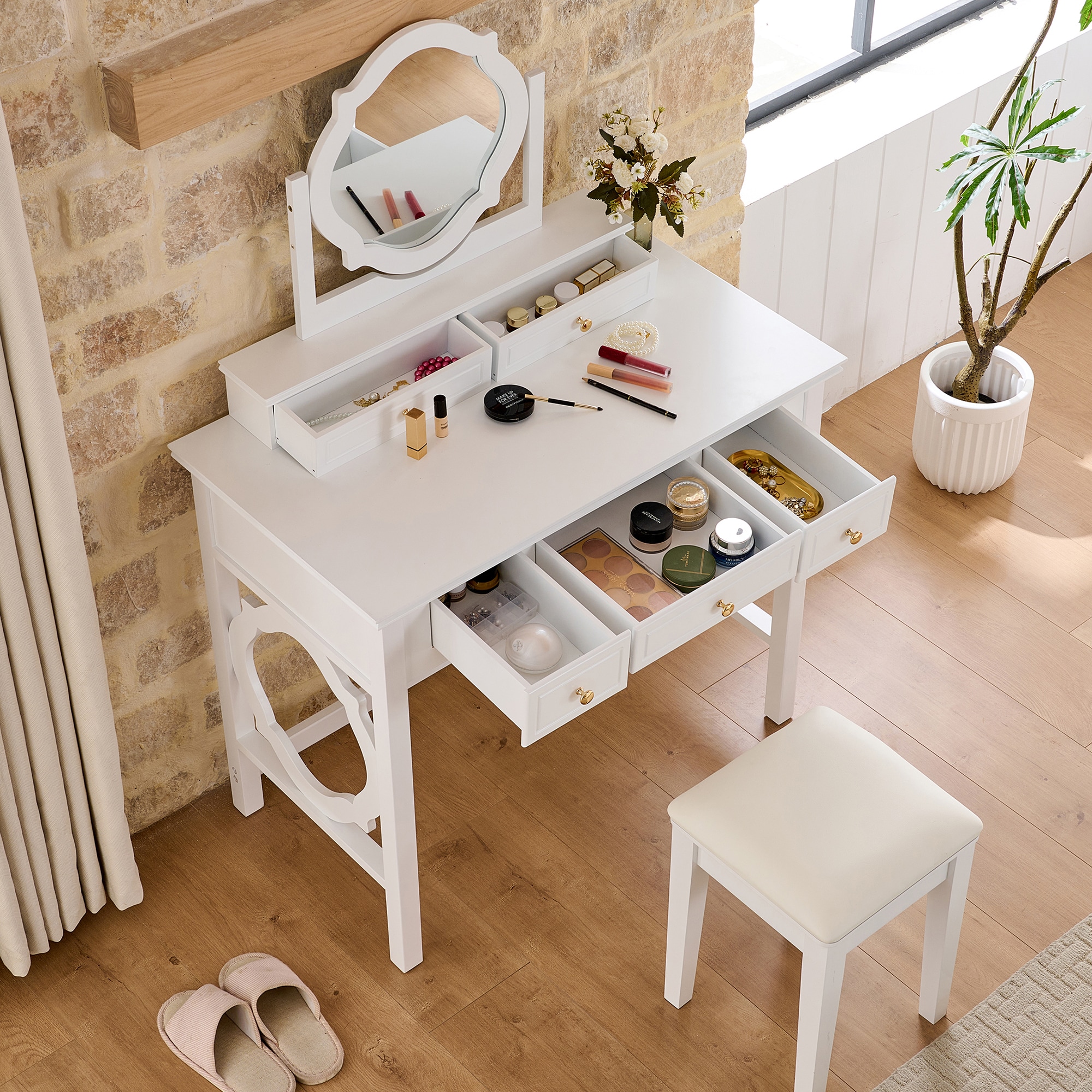 LUXEYARD Compact Makeup Vanity Table with Reversible Mirror Dressing Table Set with Stool Space-Saving Beauty Station for Small Places White