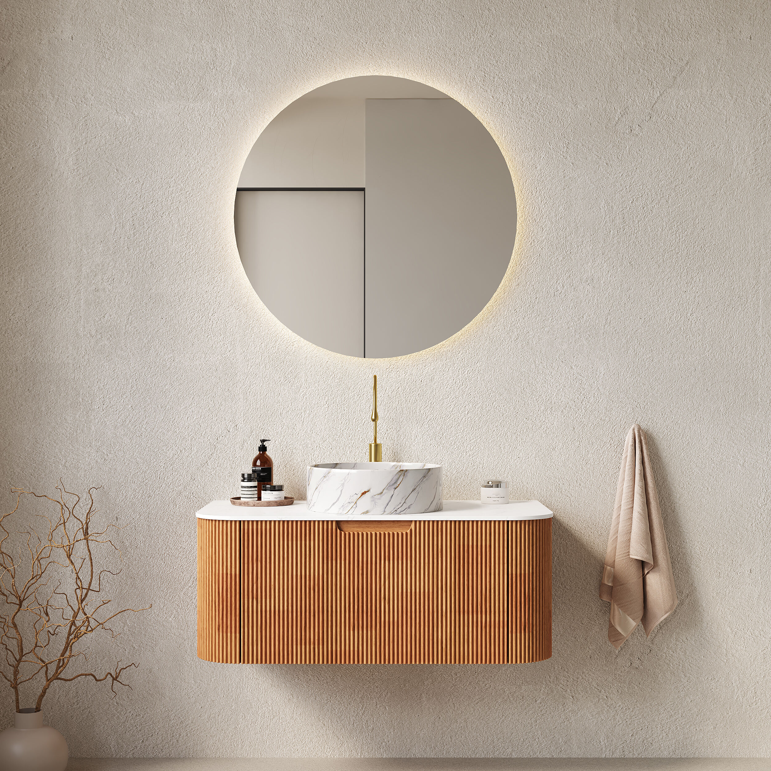 Tahanbath - 36-in Natural Wood Ceramic Bathroom Vanity with Wall Mounted Design for Bathroom Storage