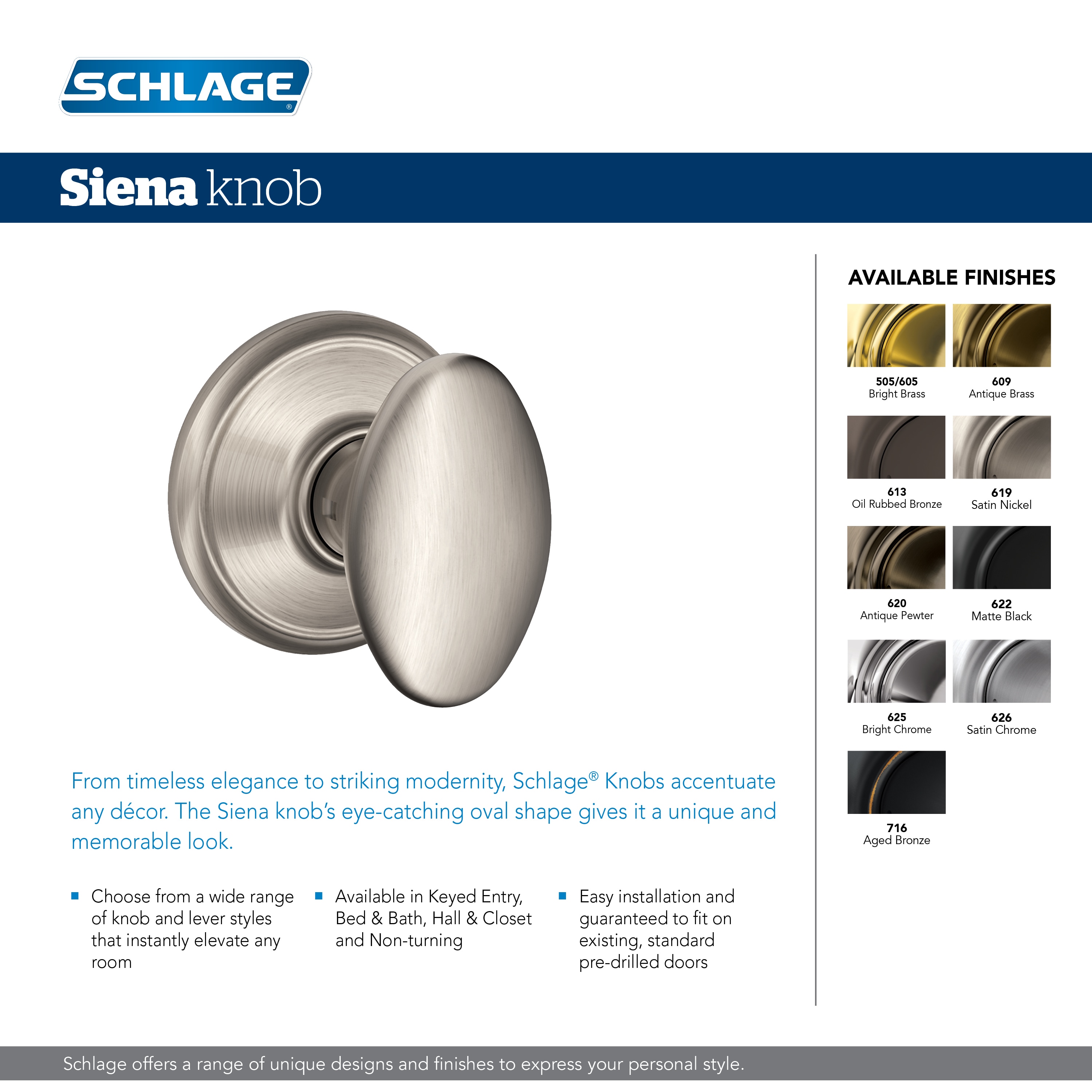 Schlage Siena Satin Nickel Exterior Keyed Entry Door Knob in the Door Knobs  department at