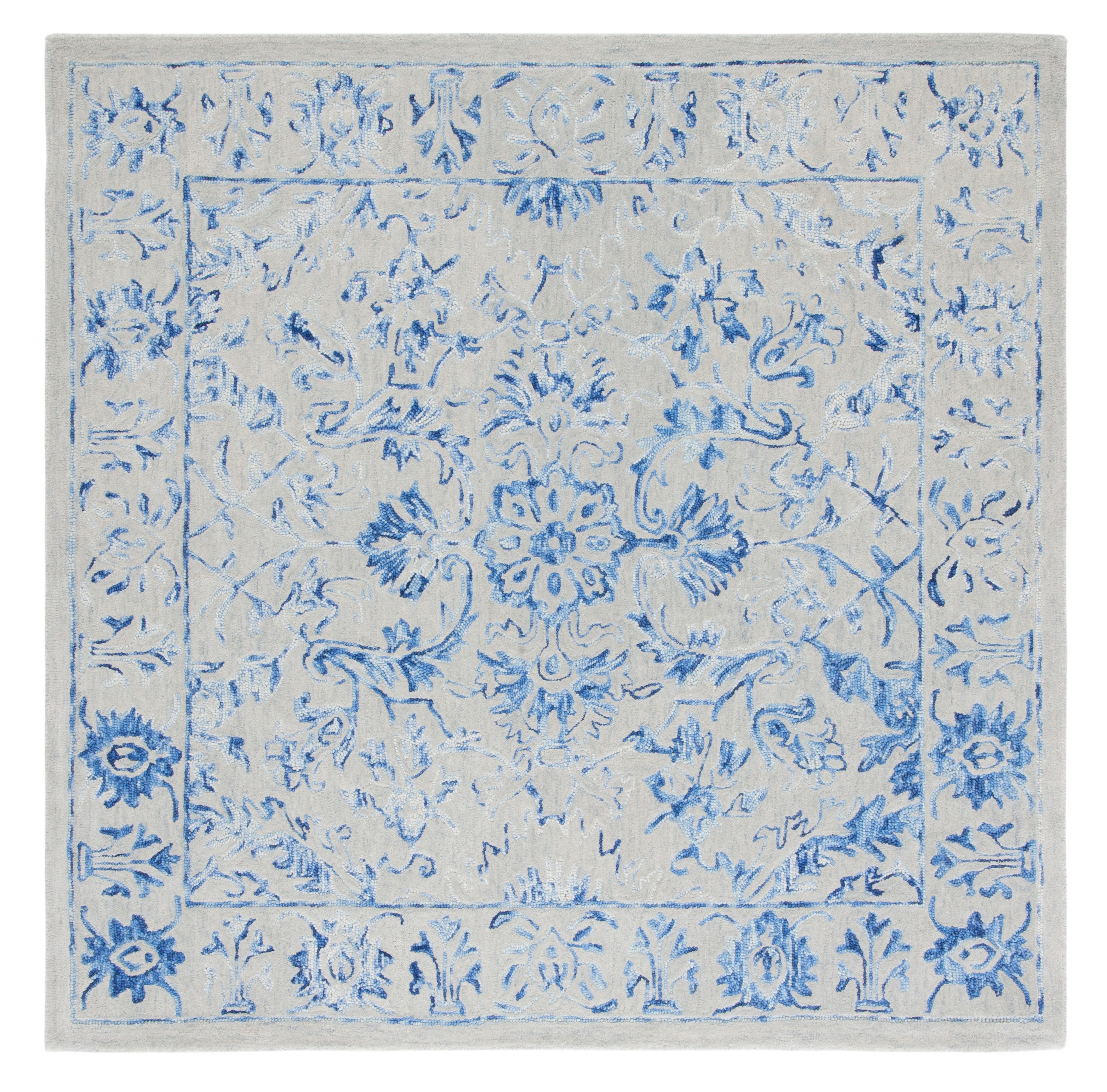 Hand-Tufted Blue Floral Wool 6' Square Area Rug