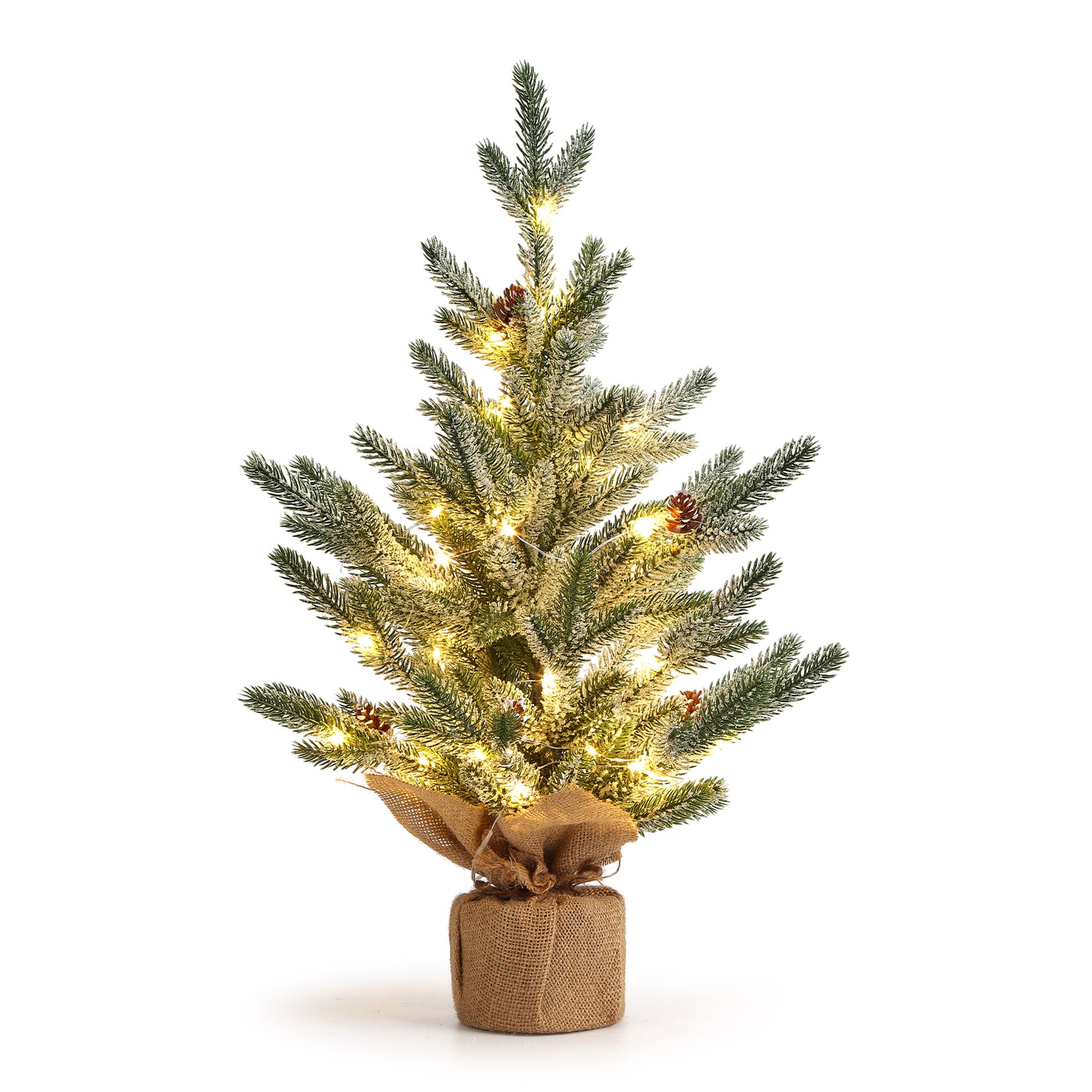 Aoile 24 Inch Pre-Lit Tabletop Mini Christmas Tree with 50 Warm White LED Lights Frosted Pine Artificial Tree with Red Berries Burlap Base for Holiday Table Decor Green