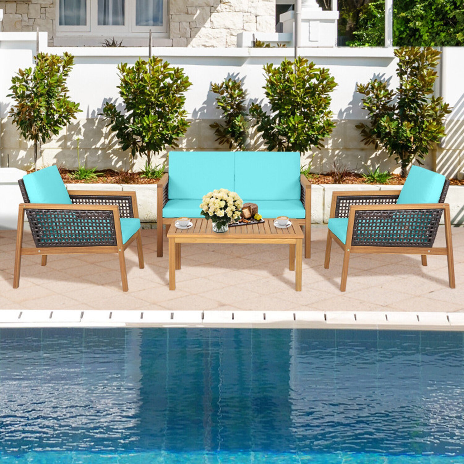 Mondawe 2425-HY 4 -Piece Rattan Patio Conversation Set with Blue Cushions