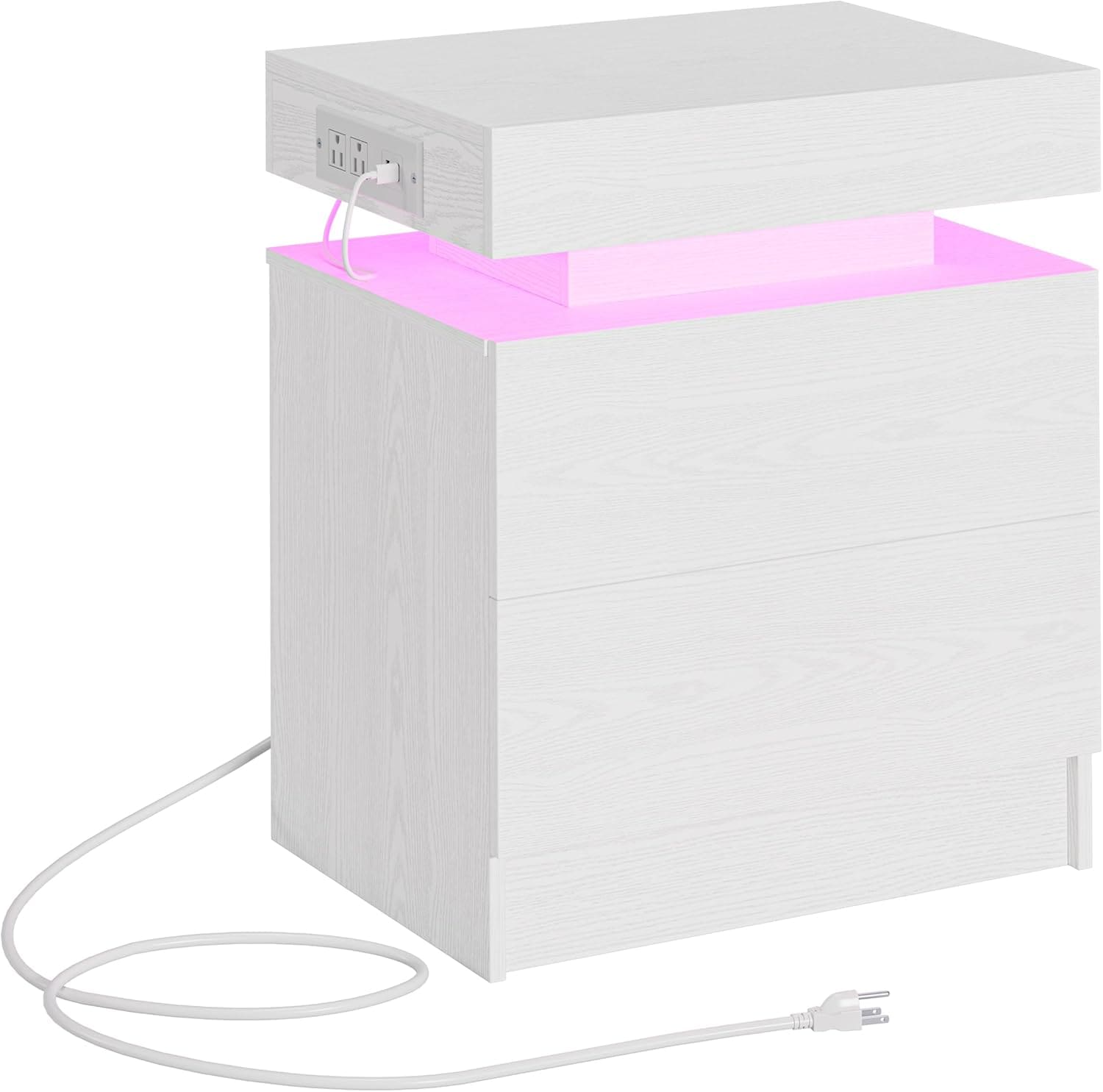 Likimio R0BB6HFKJPJ1WIAK 18.9-in W White Night Stand with Charging Station and LED Light and Drawers