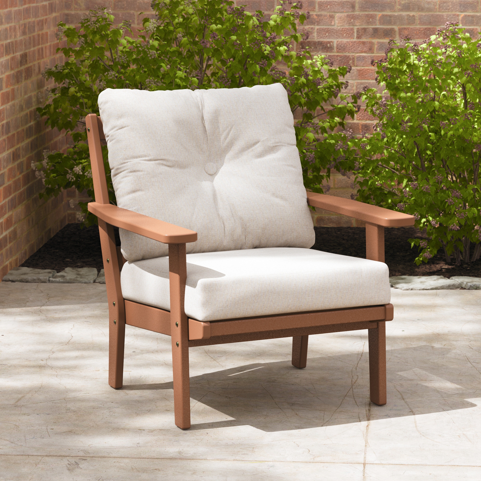 POLYWOOD 4461-TE145999 Prairie Teak Plastic Frame Stationary Conversation Chair with Off-white Slat Seat