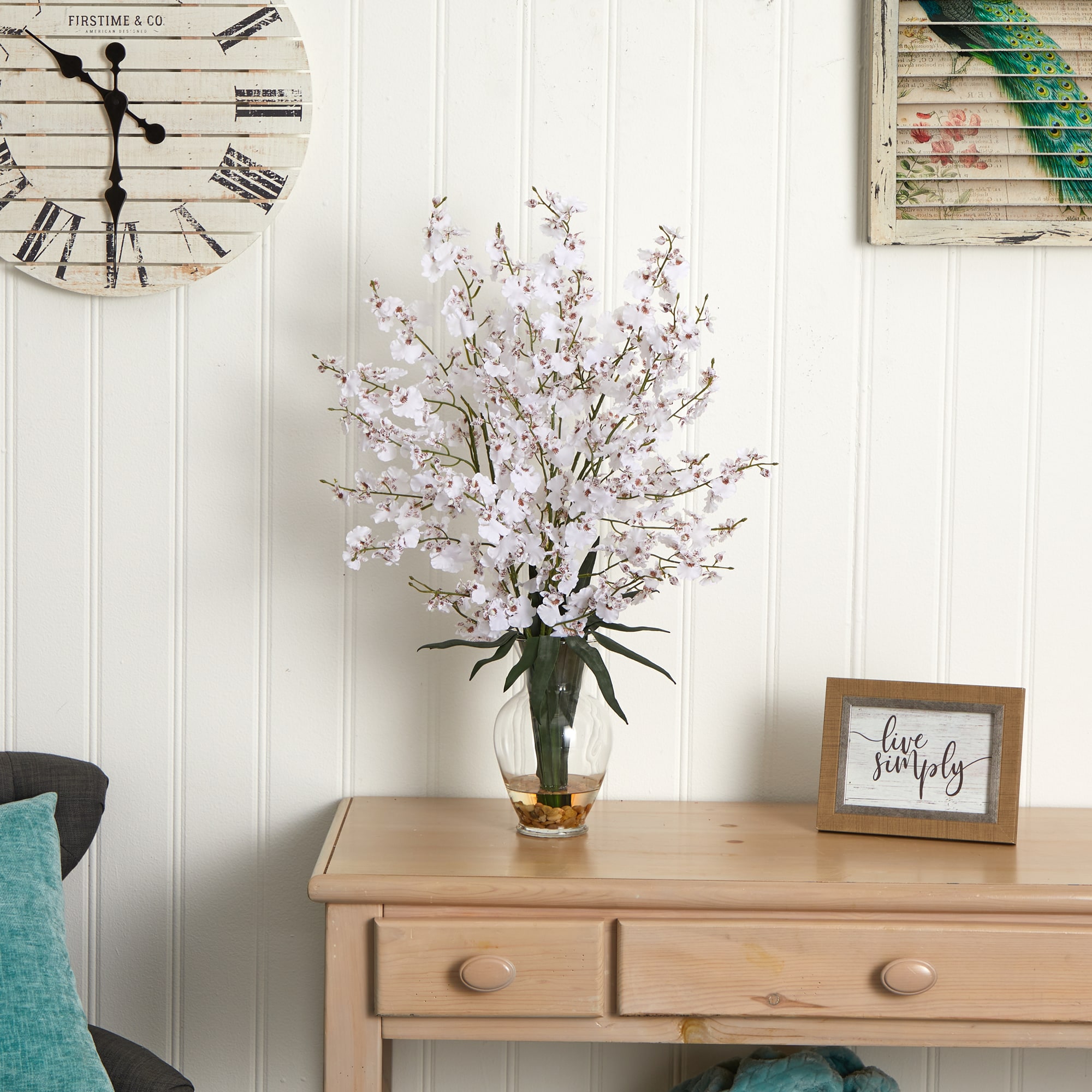 White Silk Orchid Arrangement in Clear Glass Vase