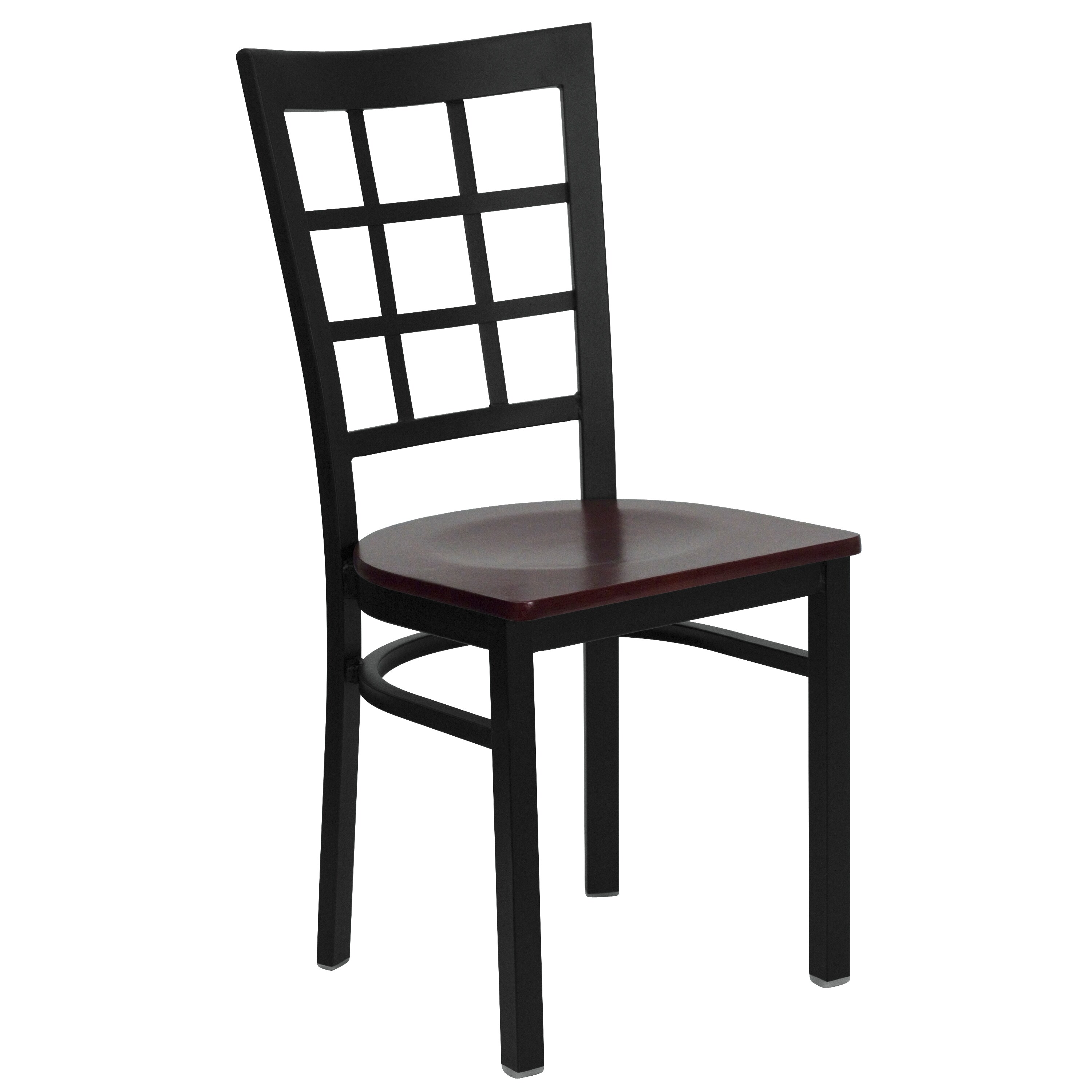 Emma + Oliver - Black Window Back Metal Restaurant Chair - Mahogany Wood Seat