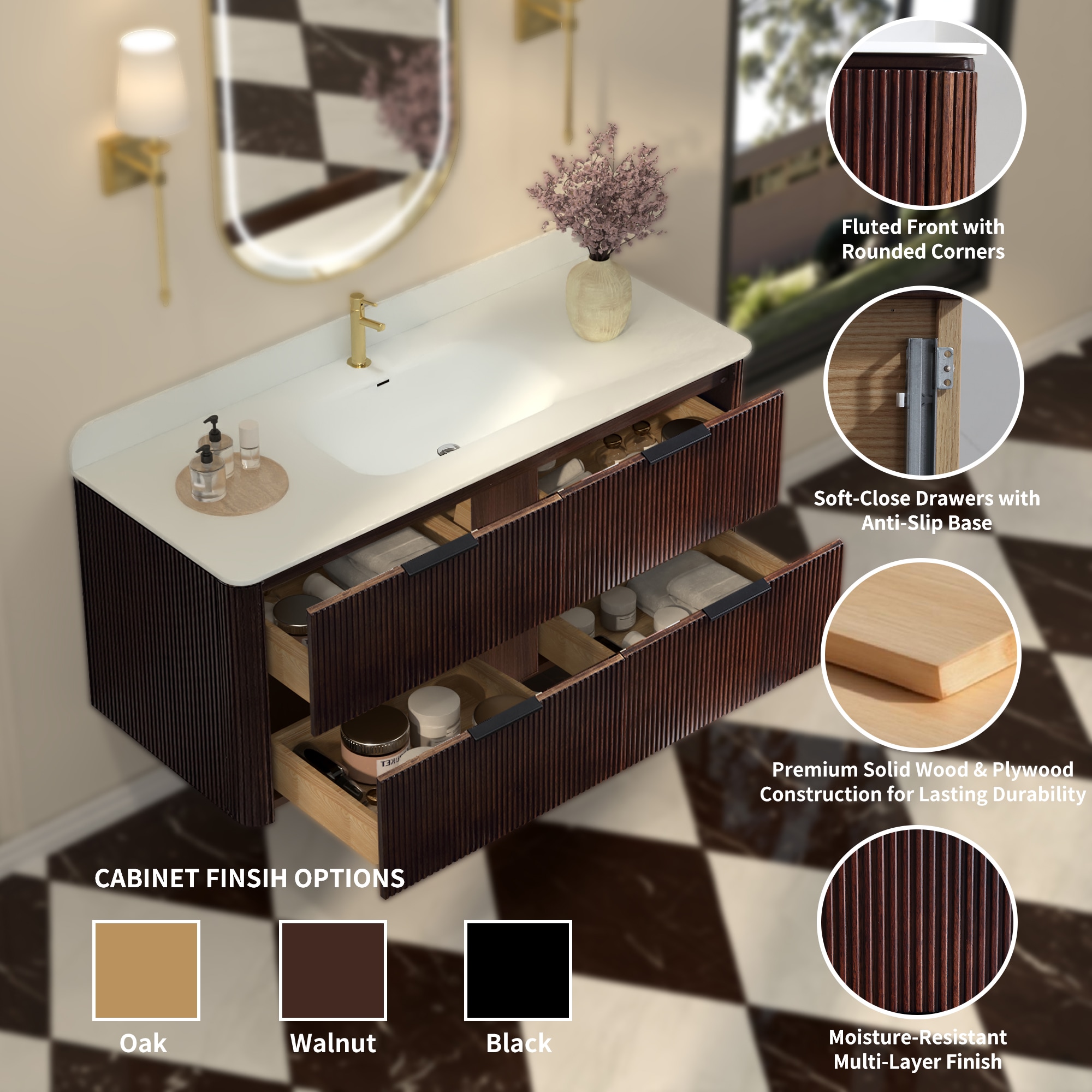 CALVON Bathroom Vanity 48-in Walnut Undermount Single Sink Floating ...