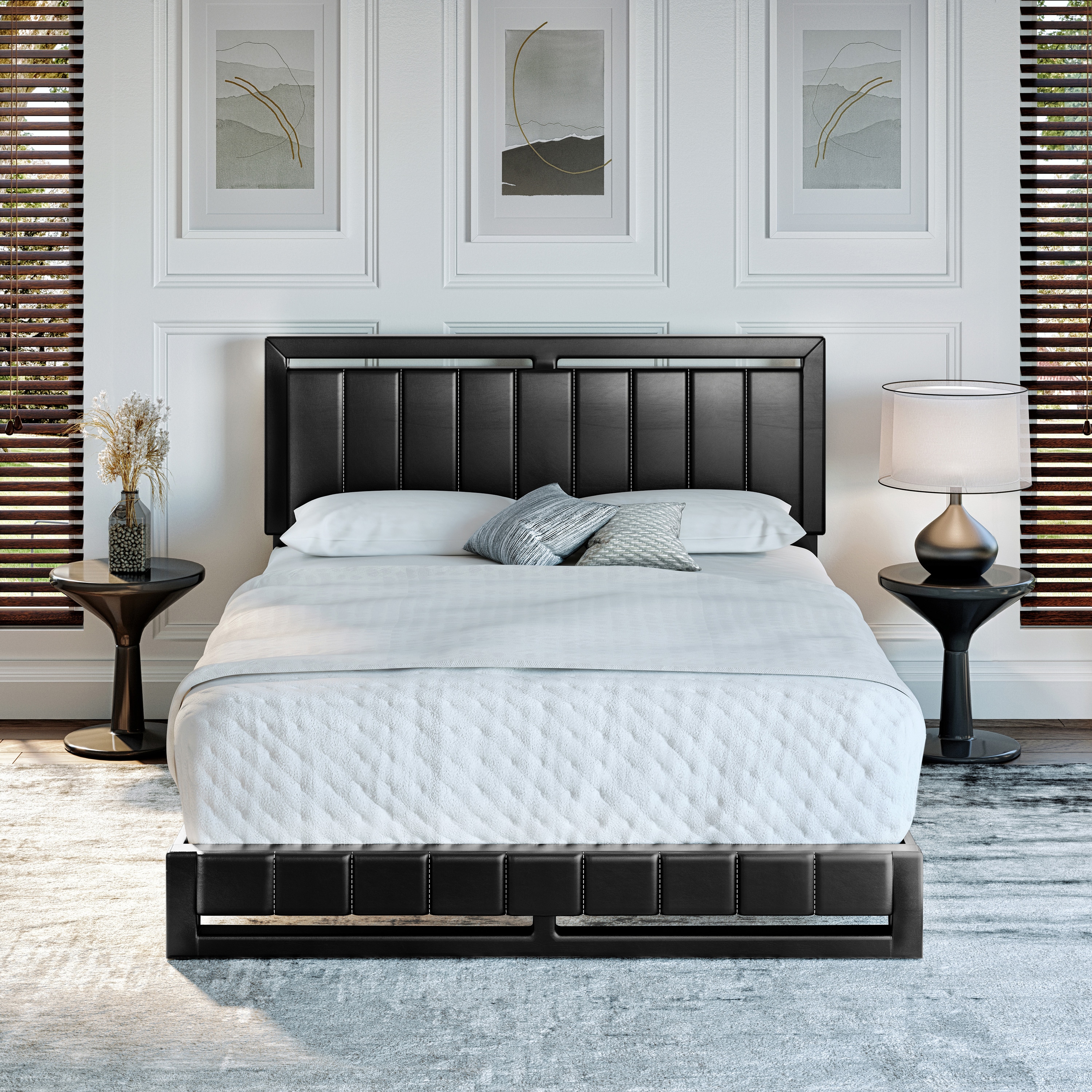 Boyd Sleep HC201600402 Beaumont Leatherette Upholstered Platform Bed Frame with Headboard- Mattress Foundation with 14 Slat Sturdy Wood Support System- No Box Spring Required