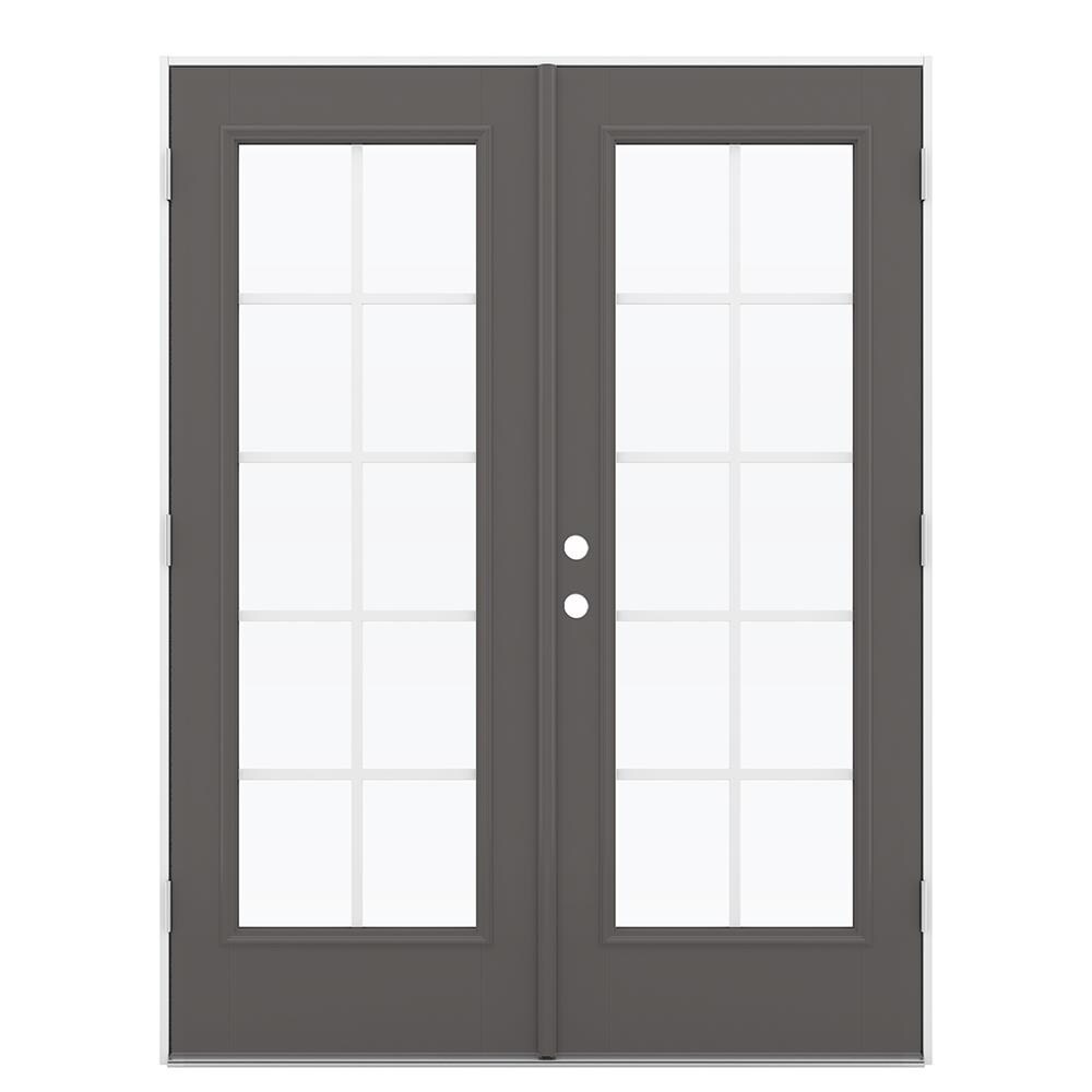 JELD-WEN 60-in x 80-in 4-9/16-in Low-e Timber Gray Fiberglass French Right-Hand Outswing Double Patio Door