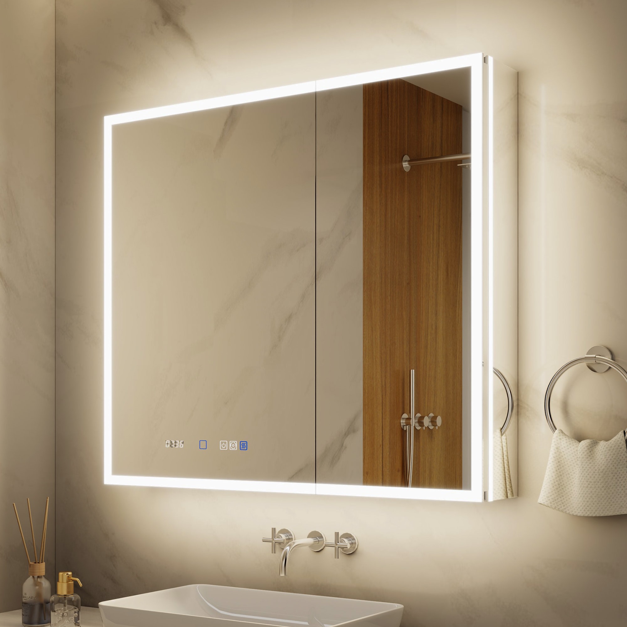 ExBrite MC3632V12DX Mirora 36-in x 32-in Lighted LED Fog Free Surface/Recessed Mount Silvery Gray Mirrored Rectangle Soft Close Medicine Cabinet with Outlet