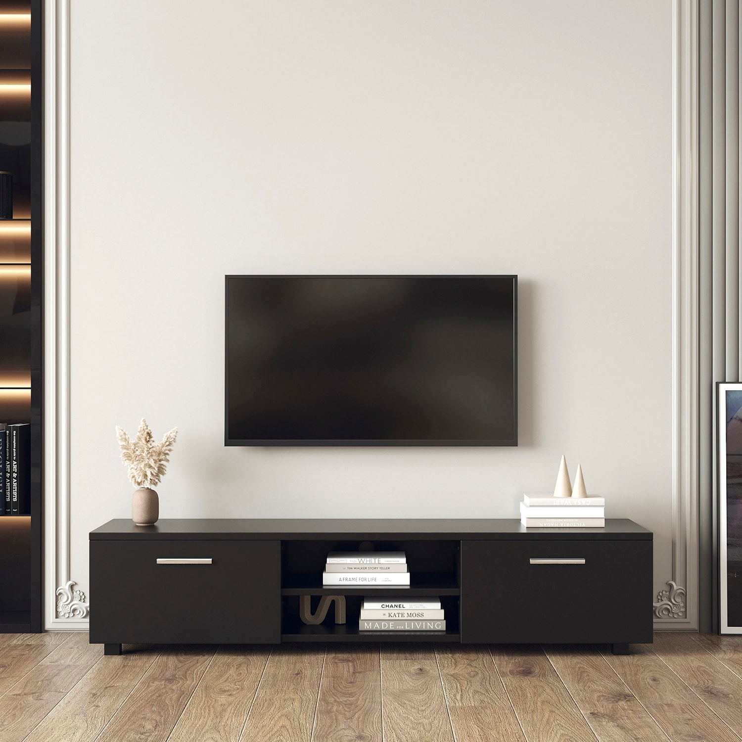 GZMR Black TV Stand for 70-in TV Stands Modern/Contemporary Black TV Cabinet