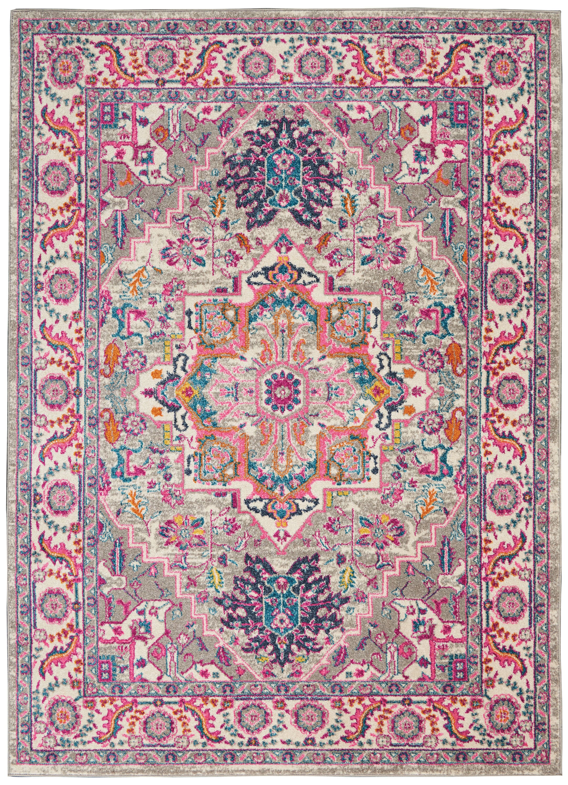 Light Grey and Pink Floral Synthetic 5' x 7' Area Rug