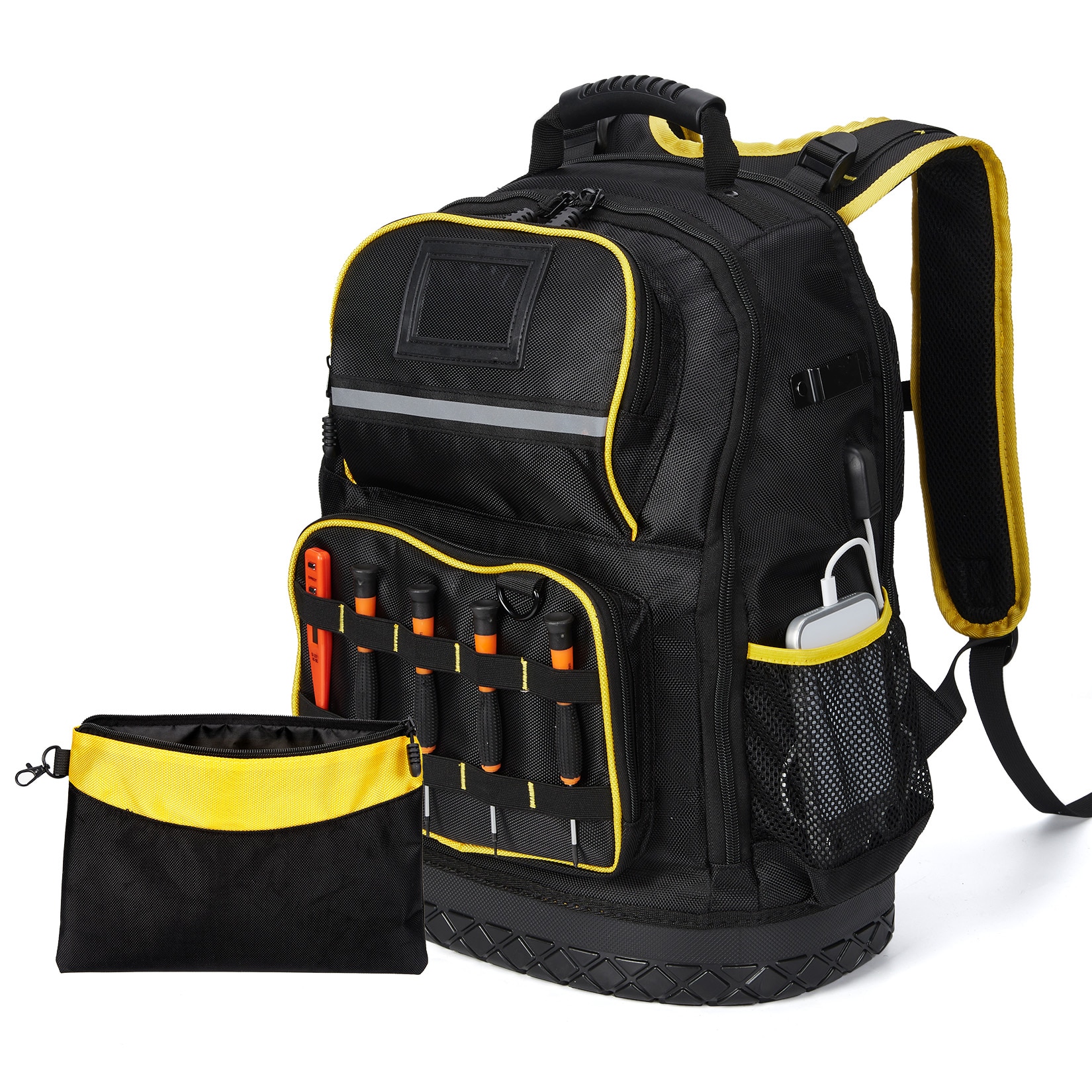 IdealHouse Heavy Duty 18 Inch Tool Backpack Water Resistant Oxford Fabric Hard Bottom Multiple Pockets Laptop Sleeve Electrician Work Gear Organizer Durable Construction