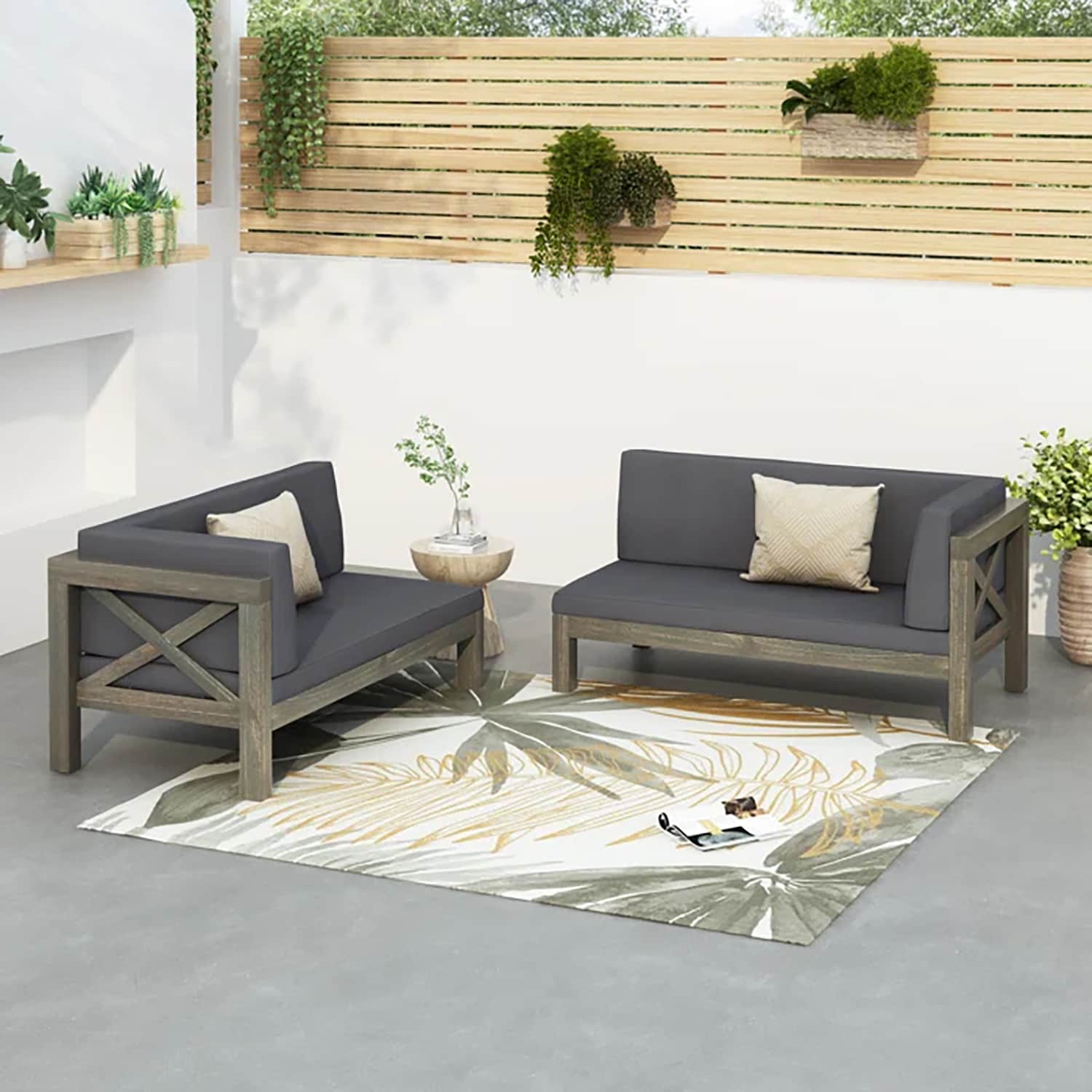 ModernLuxe L-57967.00DGY-4 BRAVA X-BACK LEFT -RIGHT CORNER BENCH SET 2 -Piece 2 Patio Sofa Conversation Set with Gray Cushions