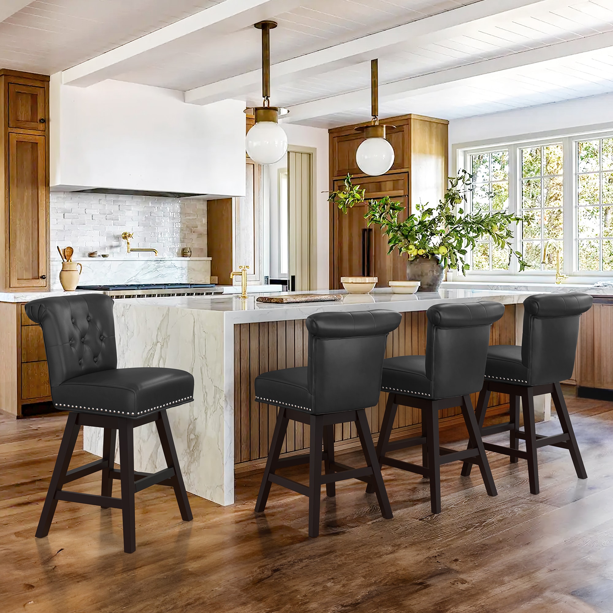 LUE BONA 4YB-015-01LS Set of 4 Black/Faux Leather 25.8-in H Counter height (24-in to 27-in) Square Seat Upholstered Swivel Wood Back Bar Stool Back