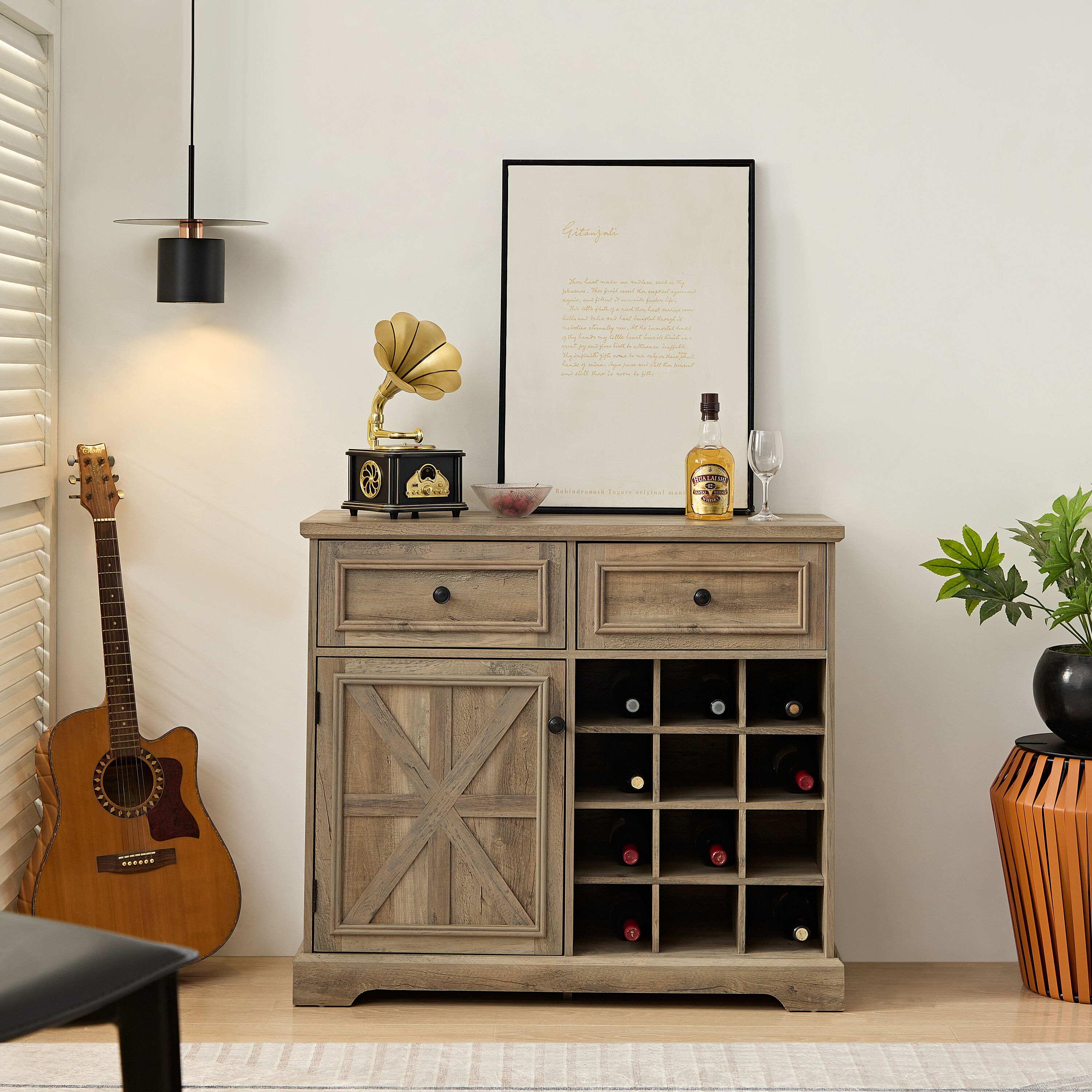 LUXEYARD Farmhouse Buffet Cabinet with Storage Sideboard with Drawers Wine Bar Cabinet with Removable Wine Racks Storage Shelves Liquor Coffee Bar Cupboard for Kitchen Dining Room Gray Wash