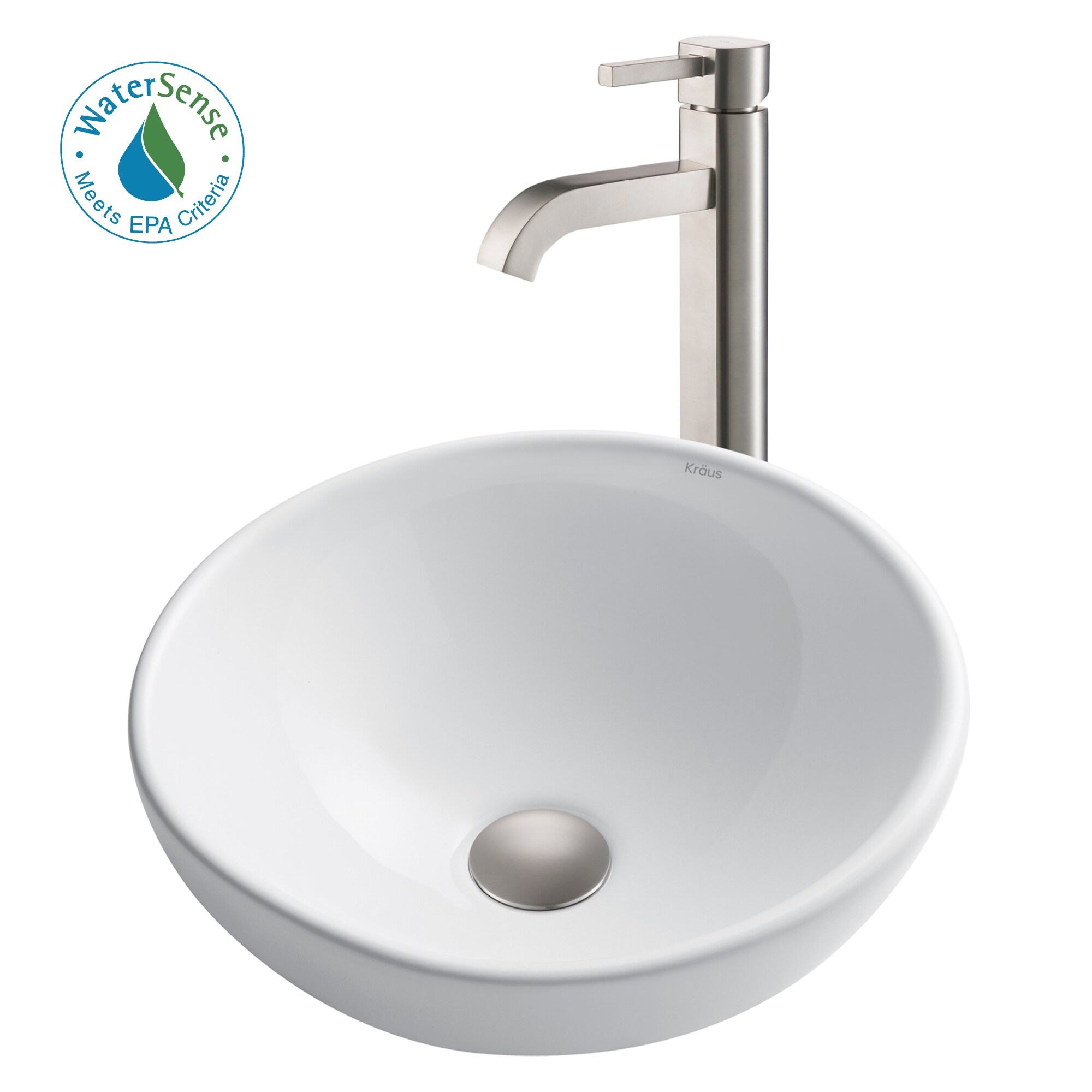 Kraus C-KCV-141-1007SN Ceramic Vessel Round Modern Satin Nickel Bathroom Sink with Faucet Included with Drain Included ( 15.7-Inches x 15.7-Inches )