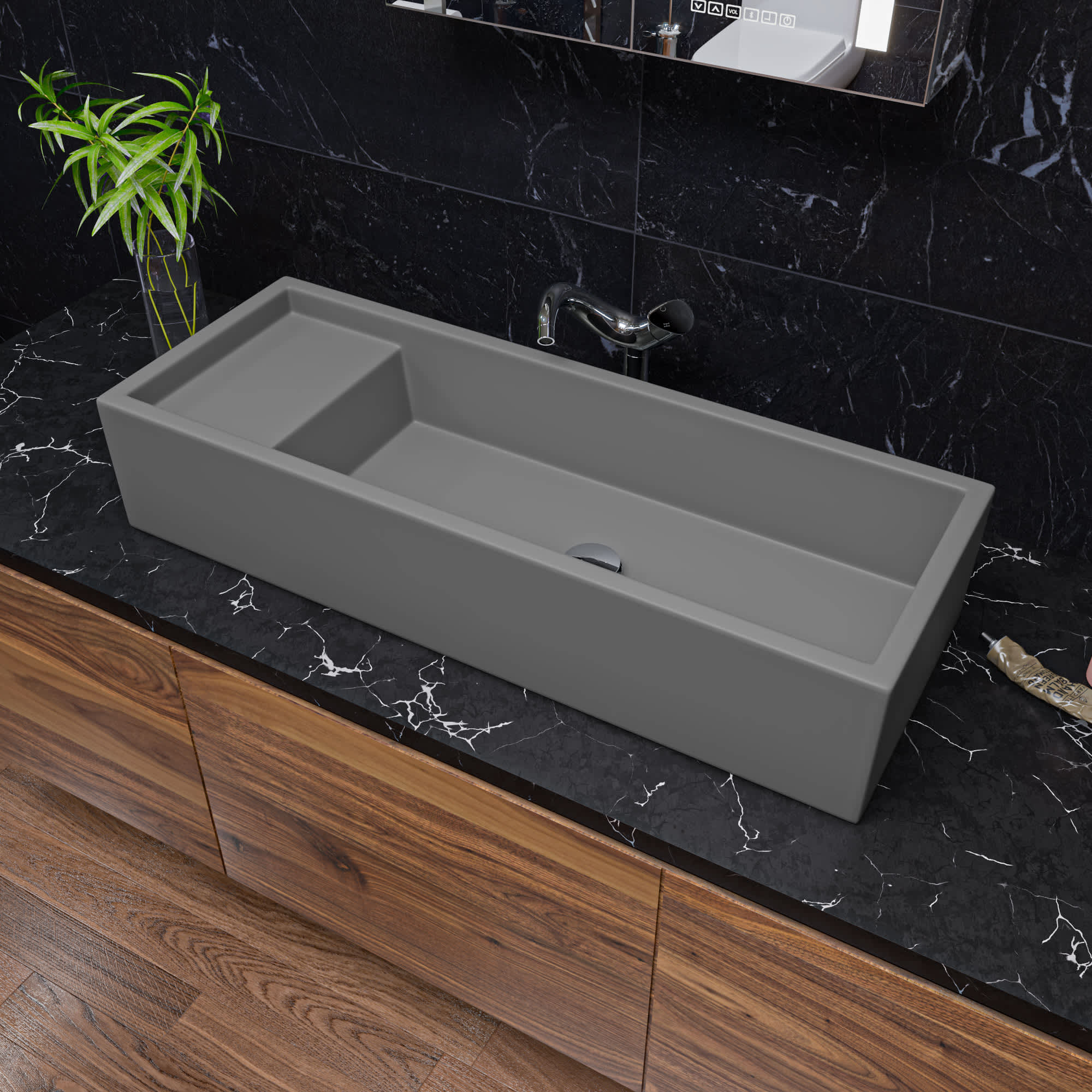 ALFI AB39TRGM AB39TRGM 39-in Grey Matte Above Mount Fireclay Bathroom Trough Sink