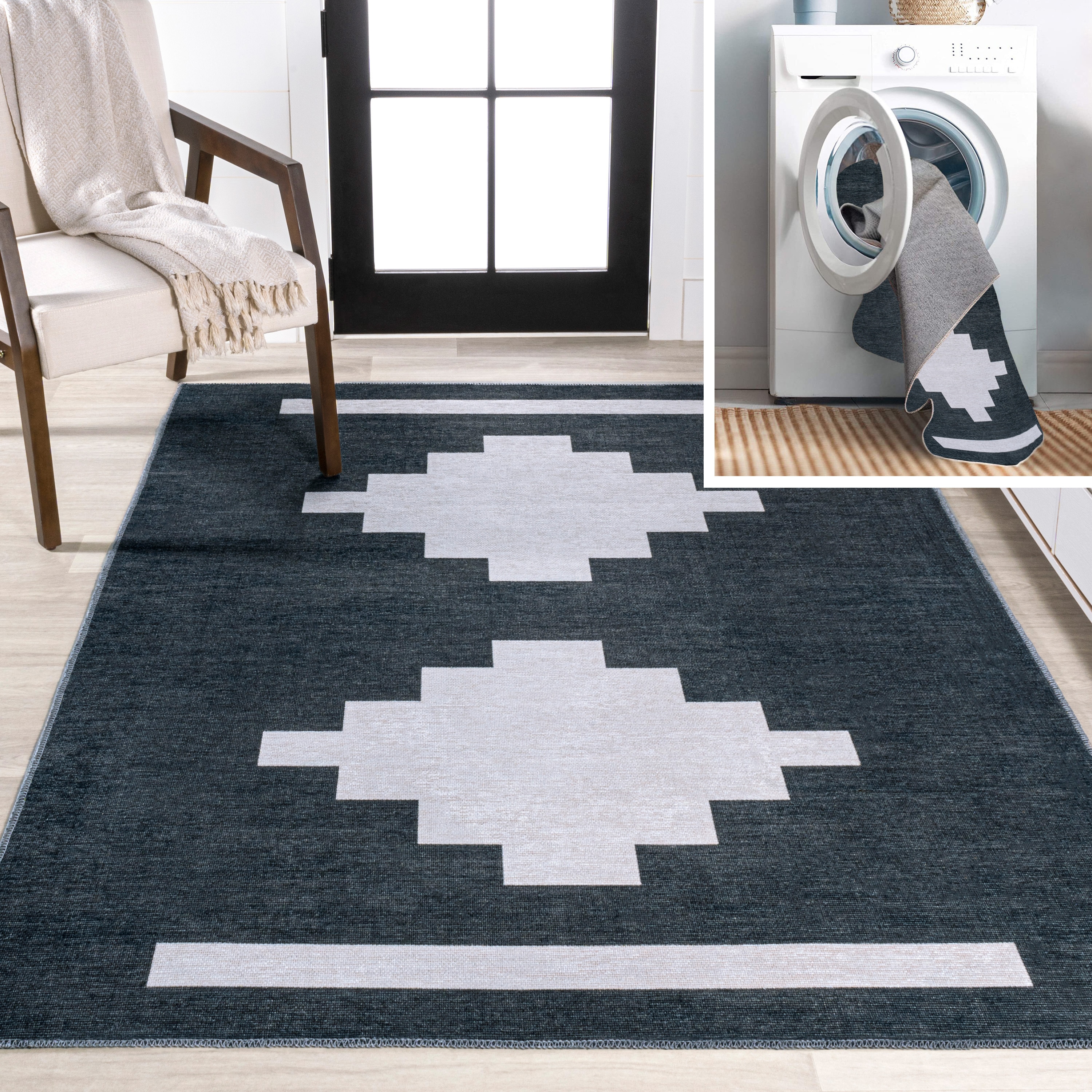 JONATHAN  Y WSH111B-5 WASHABLE Adriel Medallion 4 x 8 (ft) Loomed Chenille Navy/Light Gray Rectangular Indoor Abstract Southwestern Machine washable Runner rug