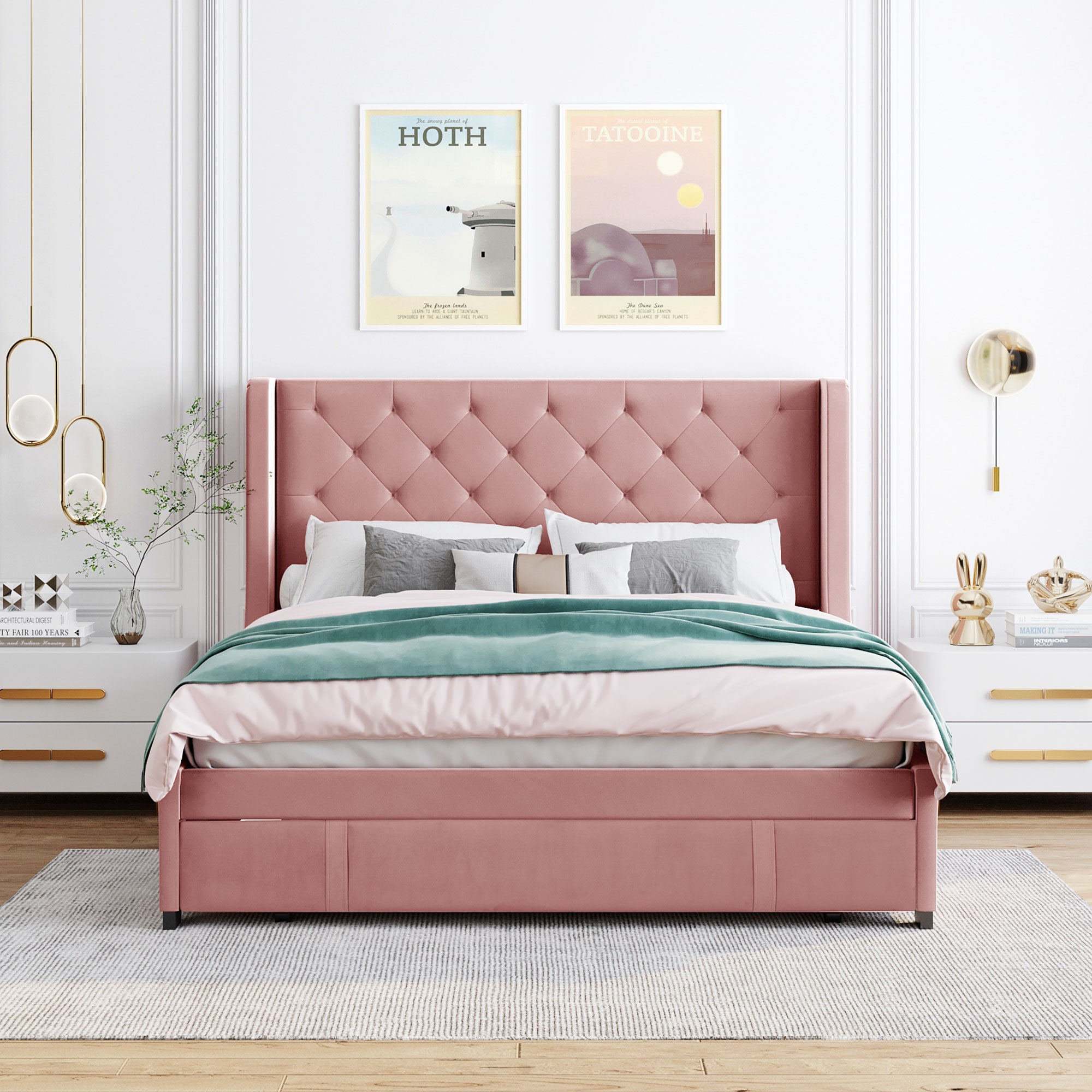 JIMSMAISON JMLFFB01P Pink Queen Wood Upholstered Bed with Storage