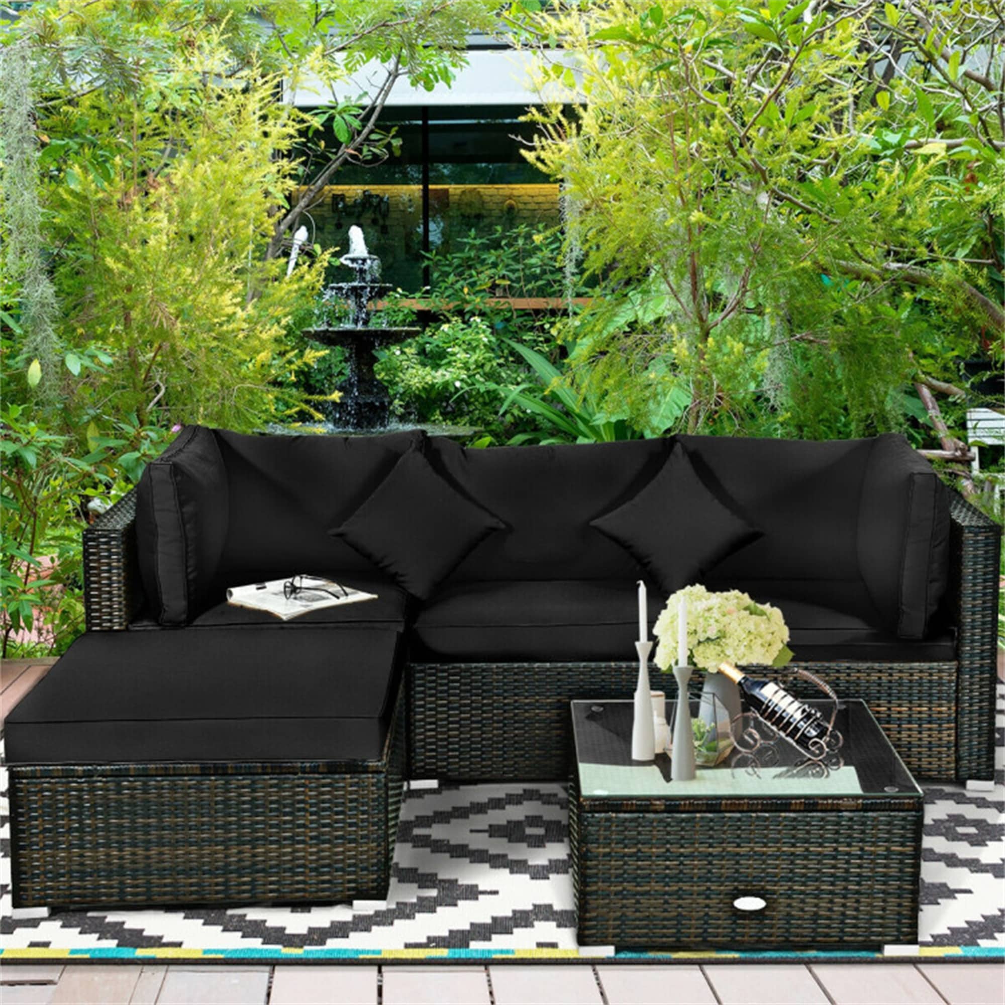 BABOOM BOM-0AAAORUS 5 -Piece Rattan 2 Patio Sofa Conversation Set with Black Cushions