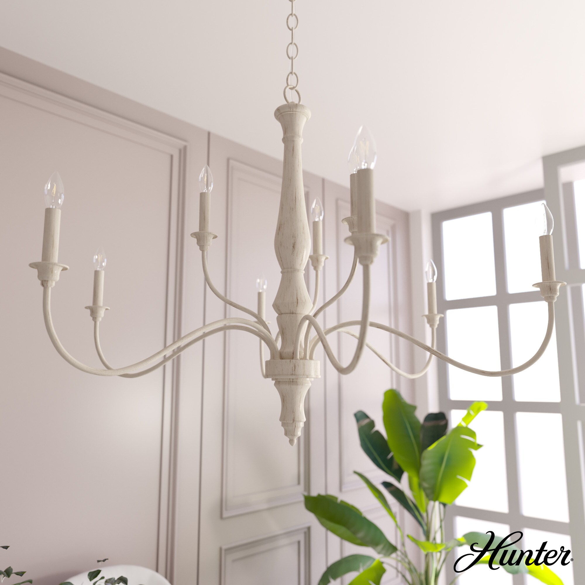 Hunter Teren 9-Light Matte White Traditional Led Bare Bulb Chandelier