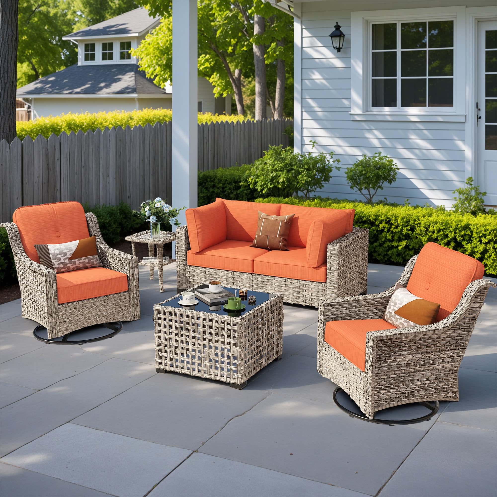 ALTRIGUS 6L-YZSKT806-AL 6 -Piece Wicker Patio Sofa Conversation Set with Orange Cushions