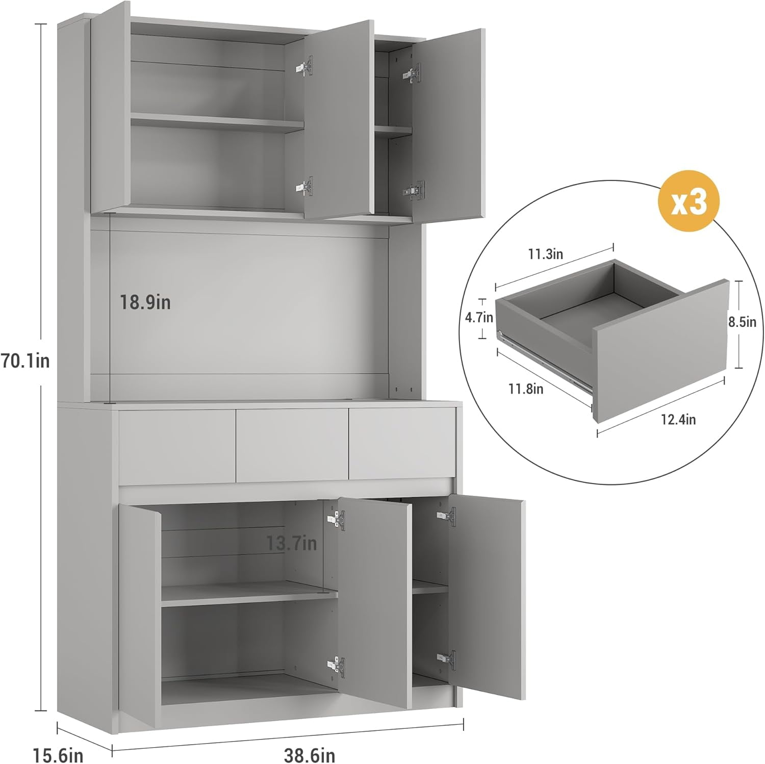 Der Rose 70Inch Gray Pantry Cabinet with Charging Station and Open ...