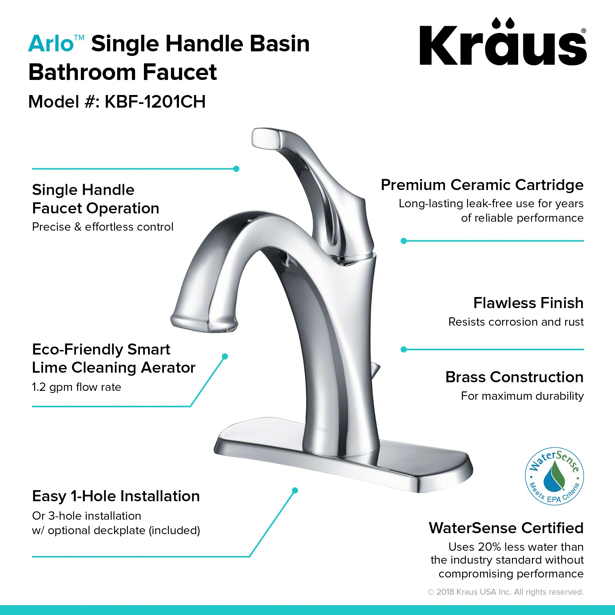 Arlo Chrome Single Handle Brass Bathroom Faucet Set
