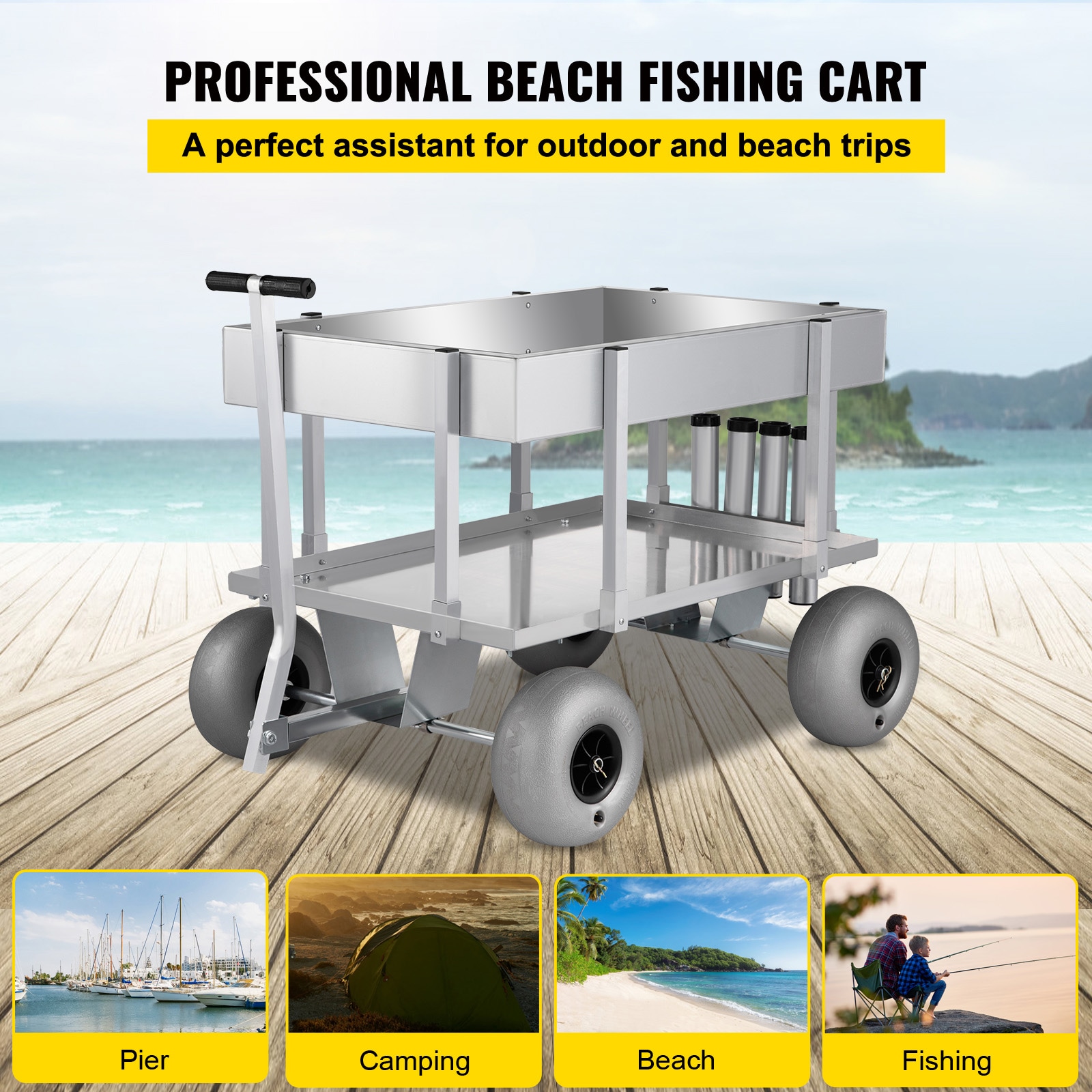 VEVOR Beach Fishing Cart, 500 lbs Load Capacity, Fish and Marine Cart with  Four 13 Big Wheels PU Balloon Tires for Sand, Heavy-Duty Aluminum Pier  Wagon Trolley with 6 Rod Holders for