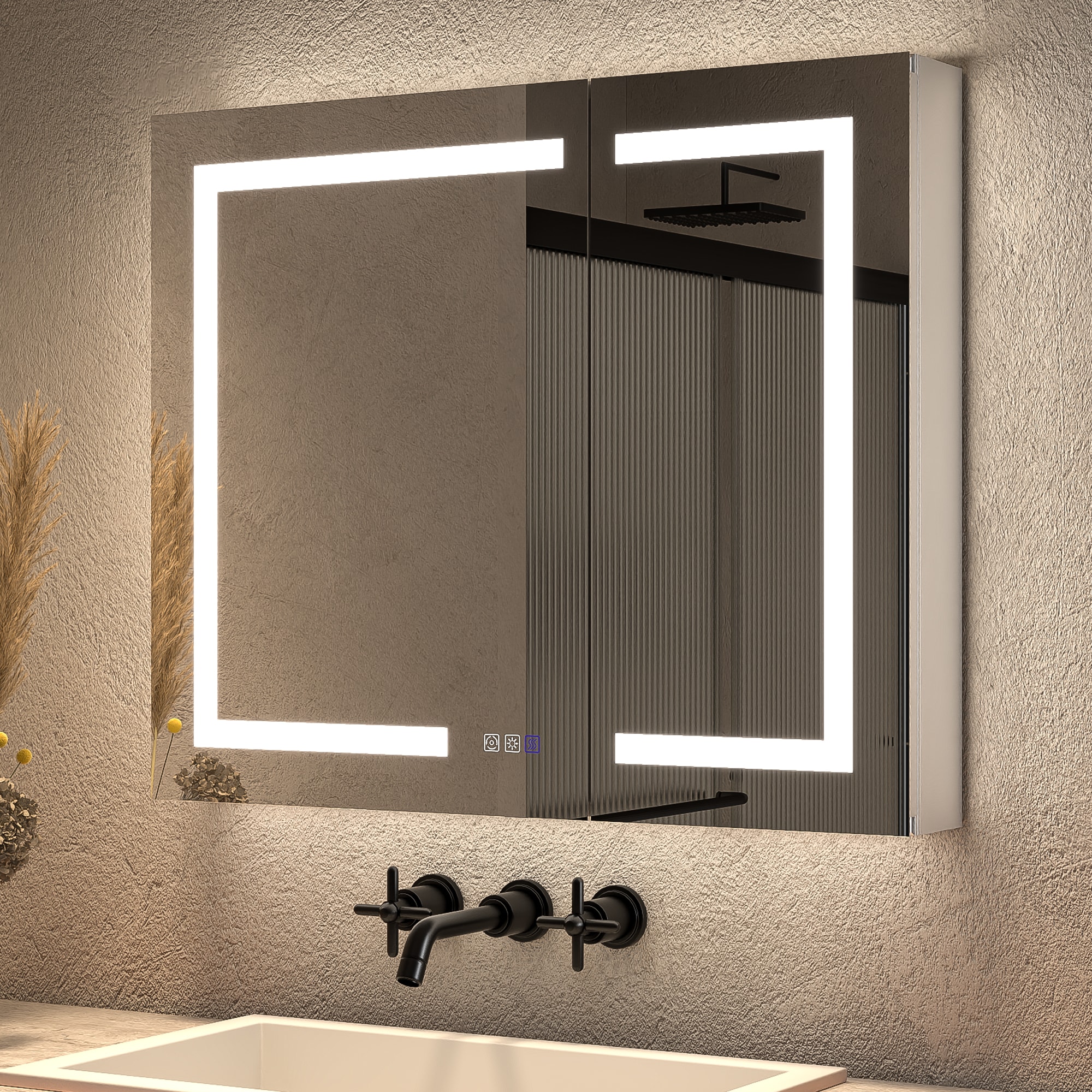 ExBrite 1230WD2430V3R Opale 36-in x 30-in Lighted LED Fog Free Surface/Recessed Mount Silvery Gray Mirrored Rectangle Soft Close Medicine Cabinet with Outlet