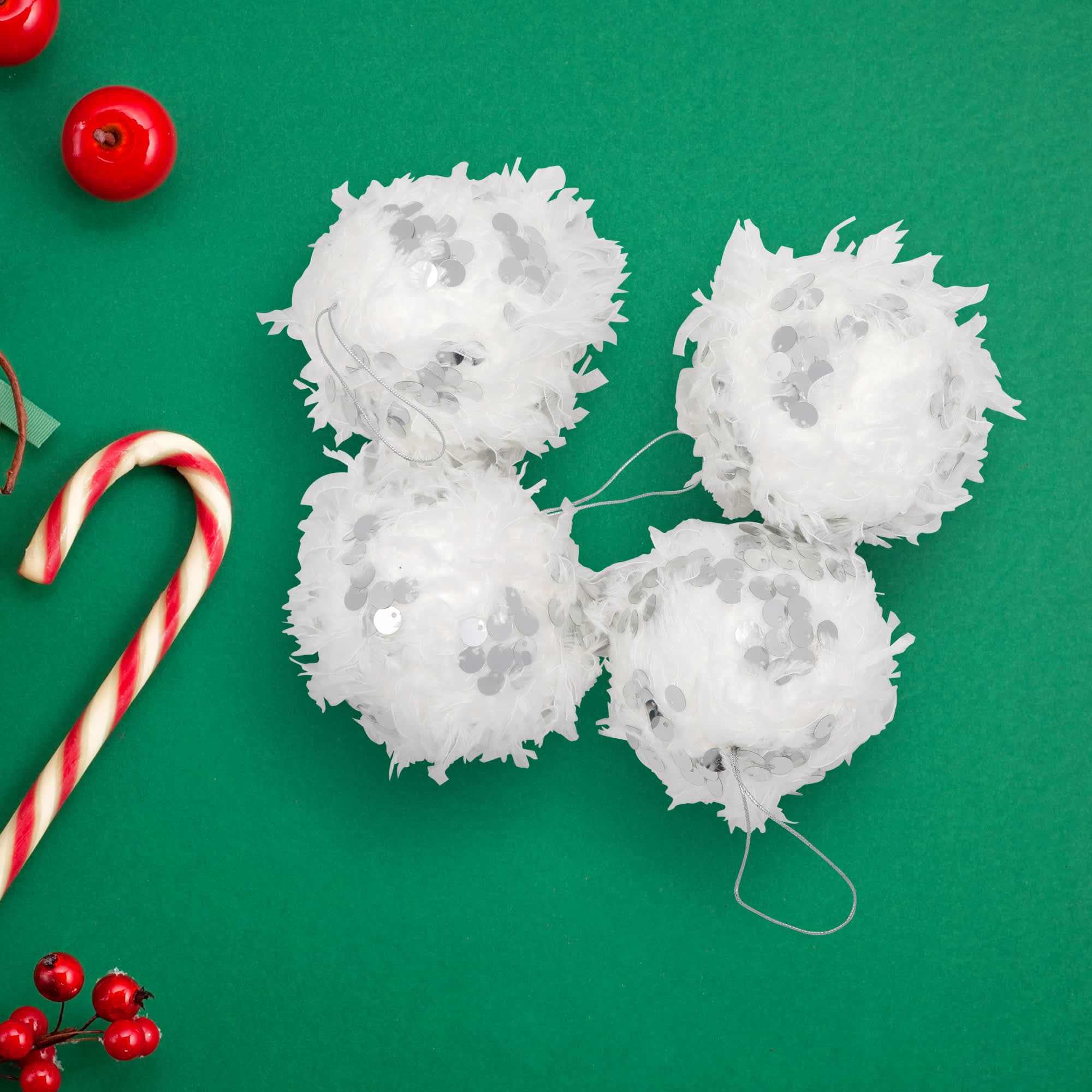 Northlight - Feather Ball with Large Sequins Christmas Ornaments - 3.5 inch - White - Set of 4