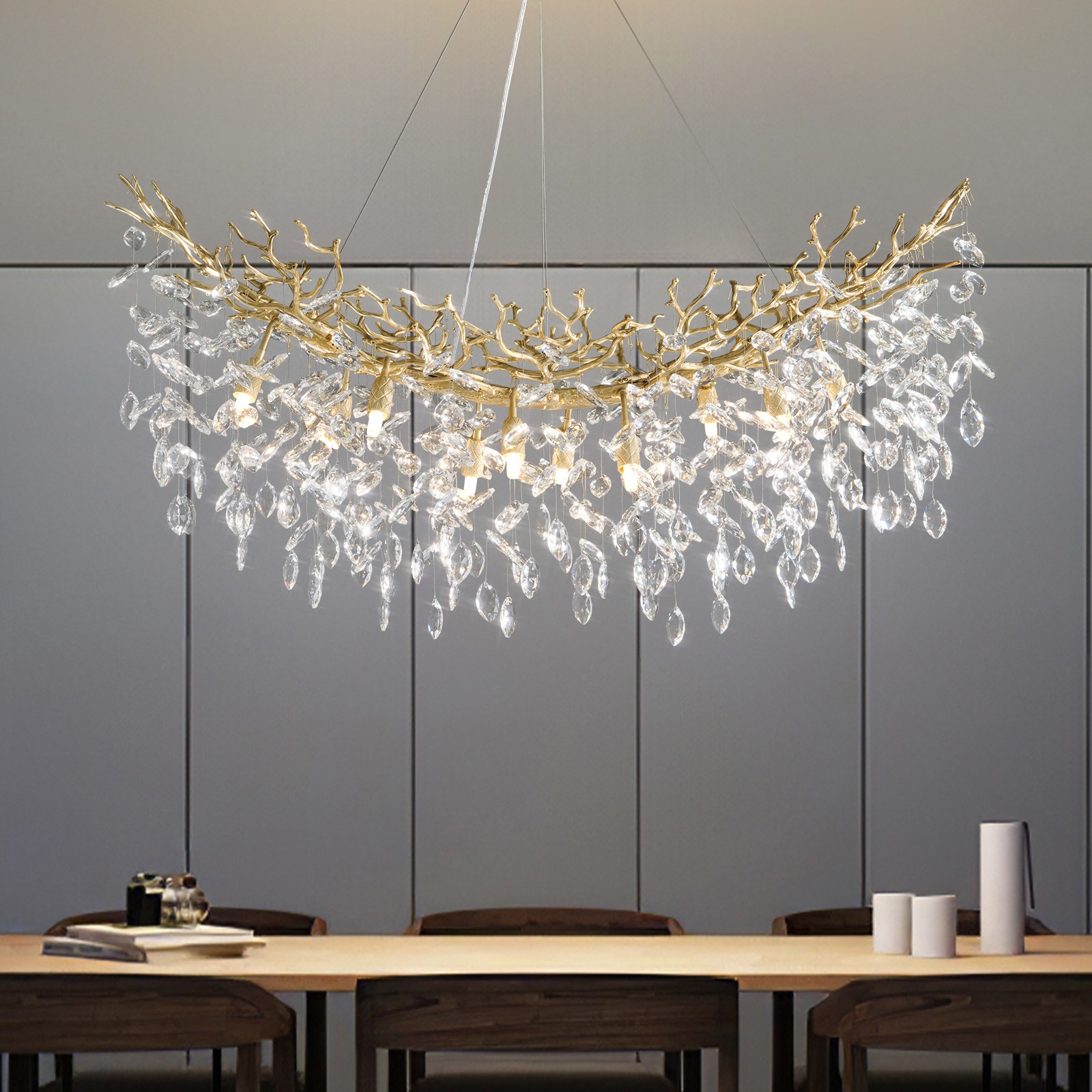 Gleam Flare 43 inches Modern Crystal Chandelier 14 Lights Gold Tree Branch Chandeliers Rectangular K9 Crystal Raindrop Chandelier for Dining Room Living Room Foyer Entryway Kitchen Bedroom