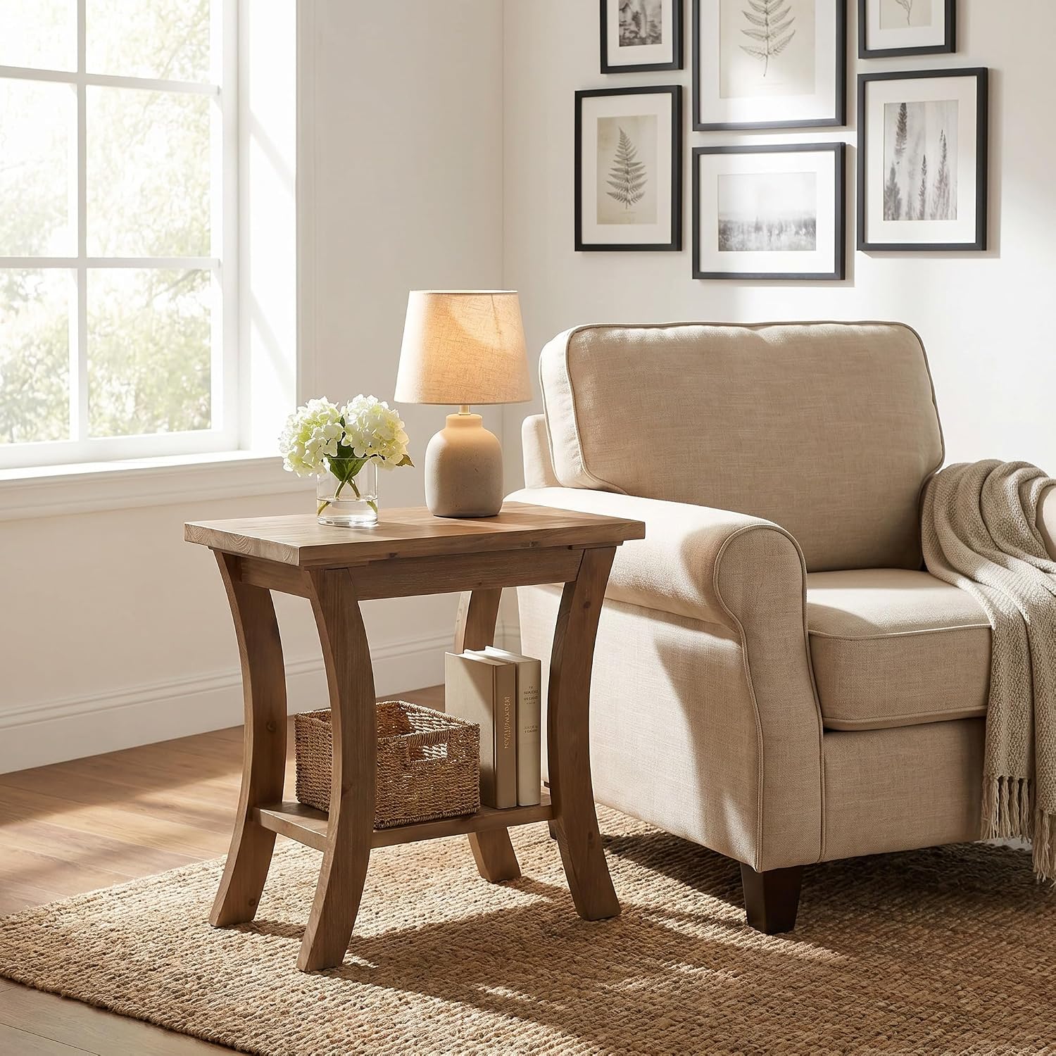 LITTLE TREE - 23.62 Inch Farmhouse Brown Solid Wood Side End Table with Open Storage Shelf for Li...
