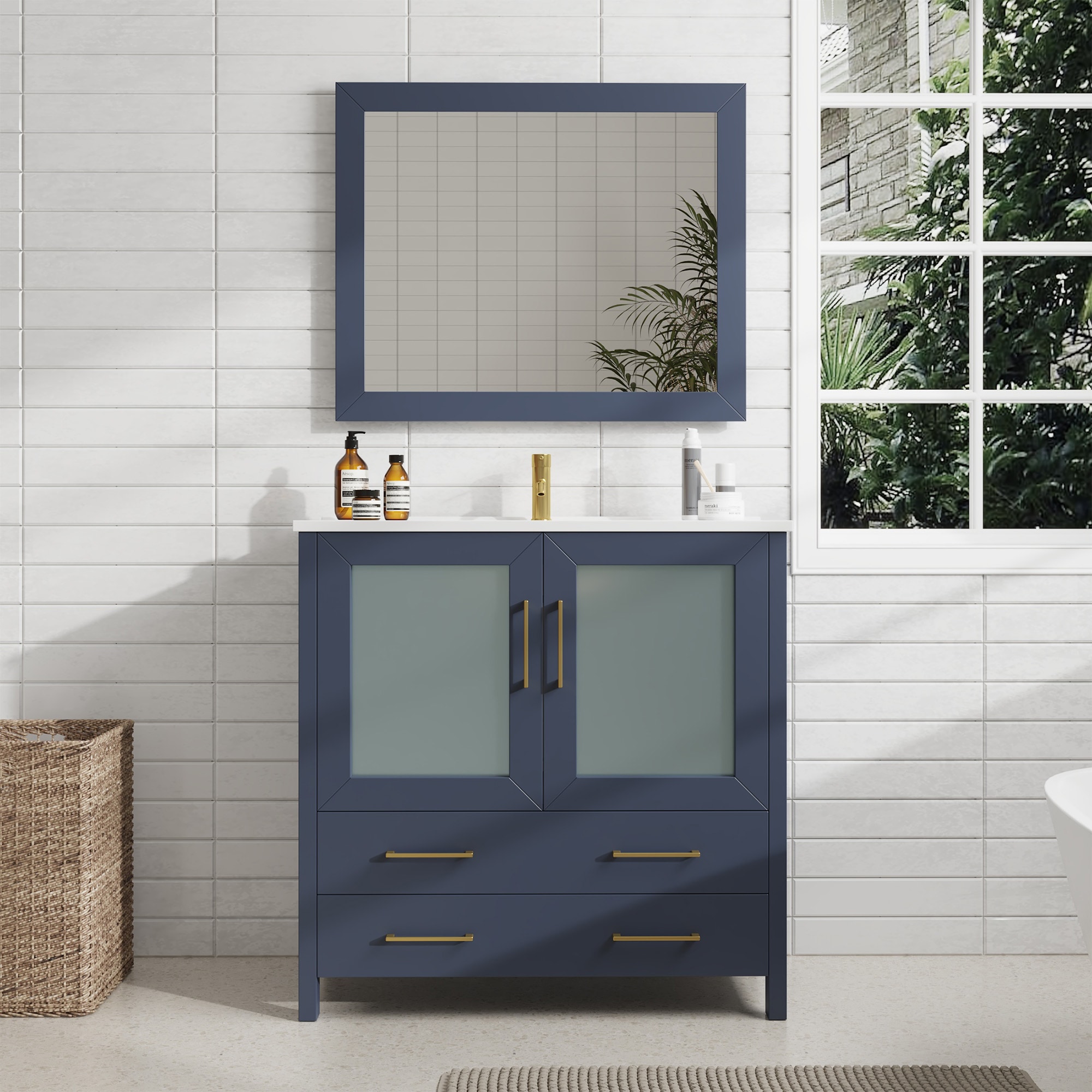 Vanity Art VA3036-B Brescia 36-in Blue Undermount Single Sink Bathroom Vanity with White Ceramic Top (Mirror Included)
