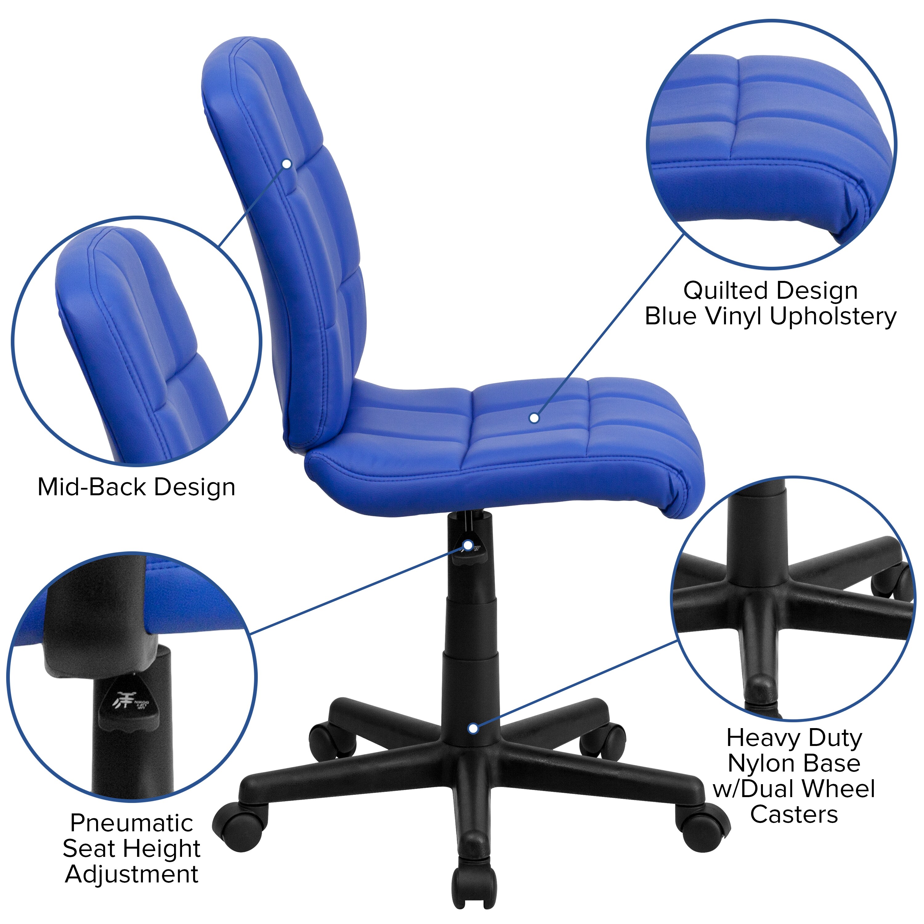 Mid-Back Blue Quilted Vinyl Armless Task Chair