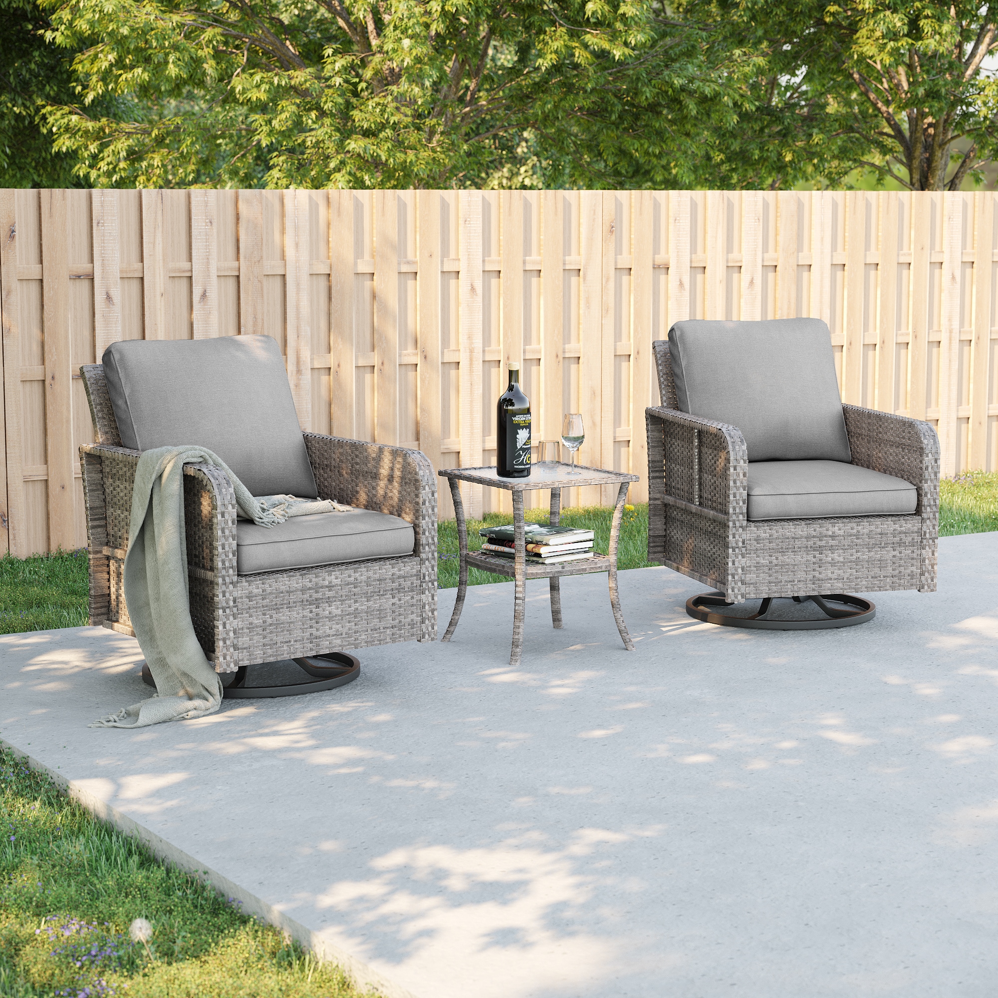 ACEGOSES LW-PS-2R145HGY-T2 Swivel rocker 3-Piece Wicker Patio Conversation Set with Gray Cushions