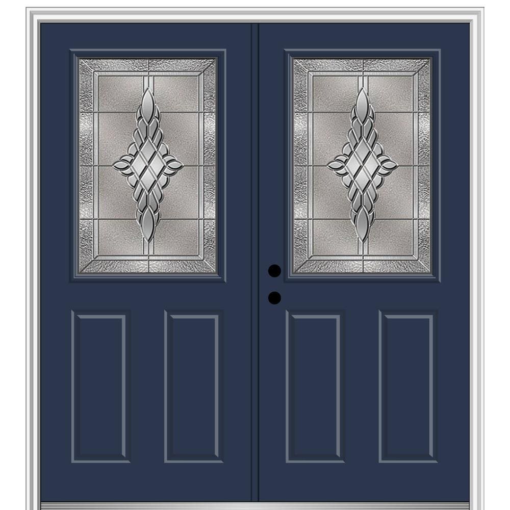 MMI DOOR ZZ365782R 72-in x 80-in x 4-9/16-in Fiberglass Half lite Right-hand inswing Naval Painted Prehung Double Front Door with Brickmould Insulating core