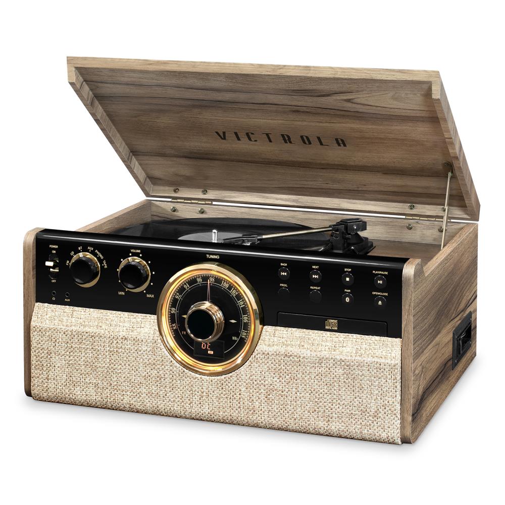 Victrola 6-in-1 Wood Empire Mid Century Modern Bluetooth Record Player with 3-Speed Turntable, Cd, Cassette Player and Radio