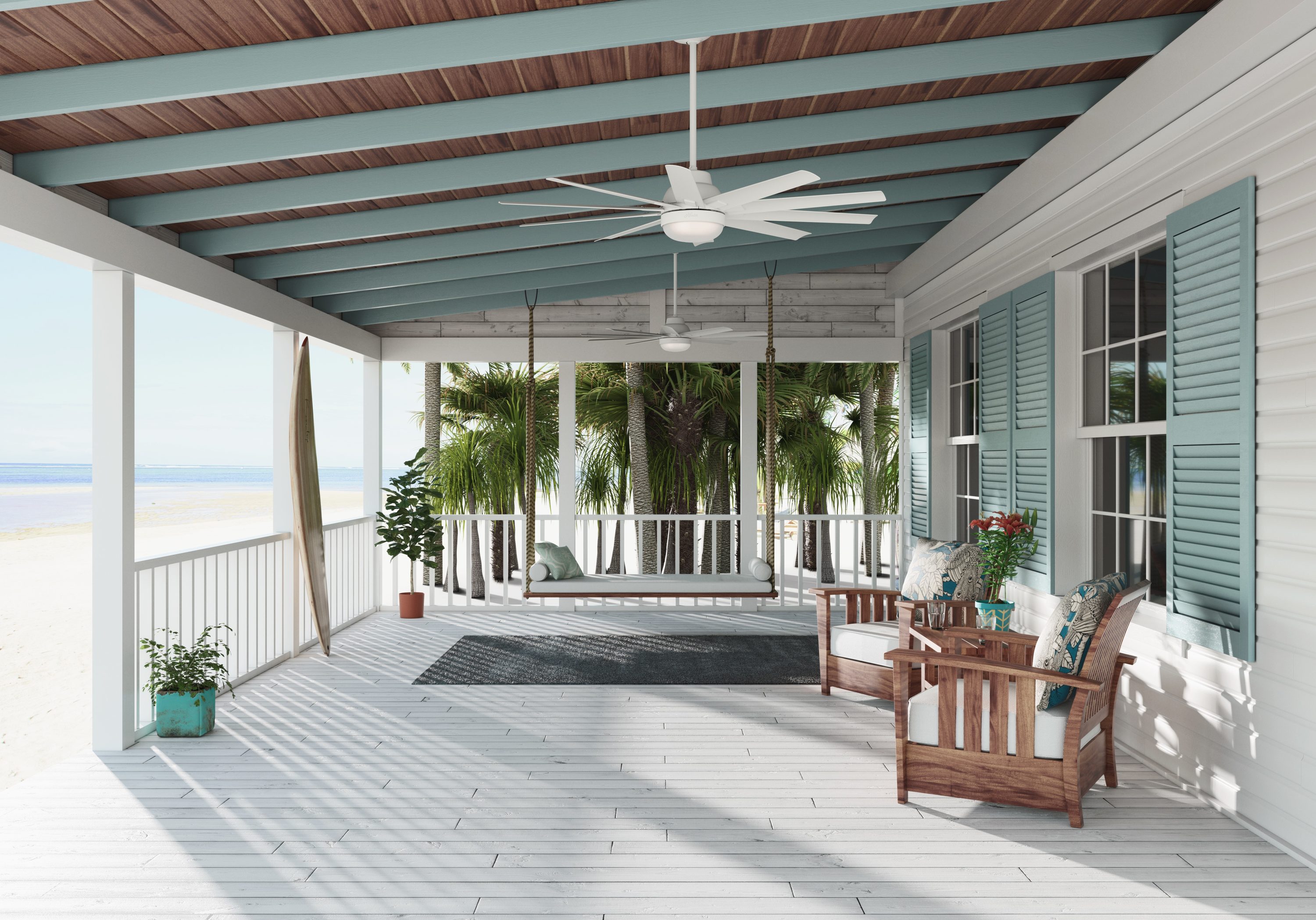 Hunter 50720 Overton 60-in Outdoor Matte White with Matte White Blades Ceiling Fan With Light ( 10 -Blade )